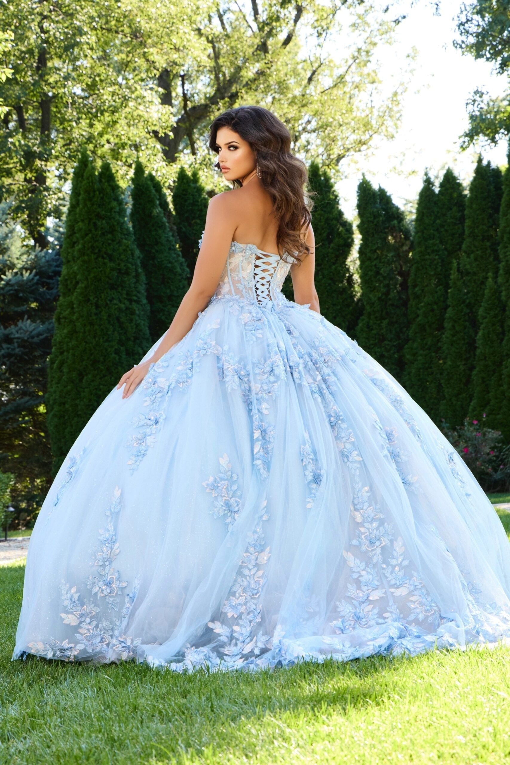 Quinceniera Dresses Floral Applique Ball Gown Corset Long Lace Quinceanera Dress Jovani Q43433 Light Blue