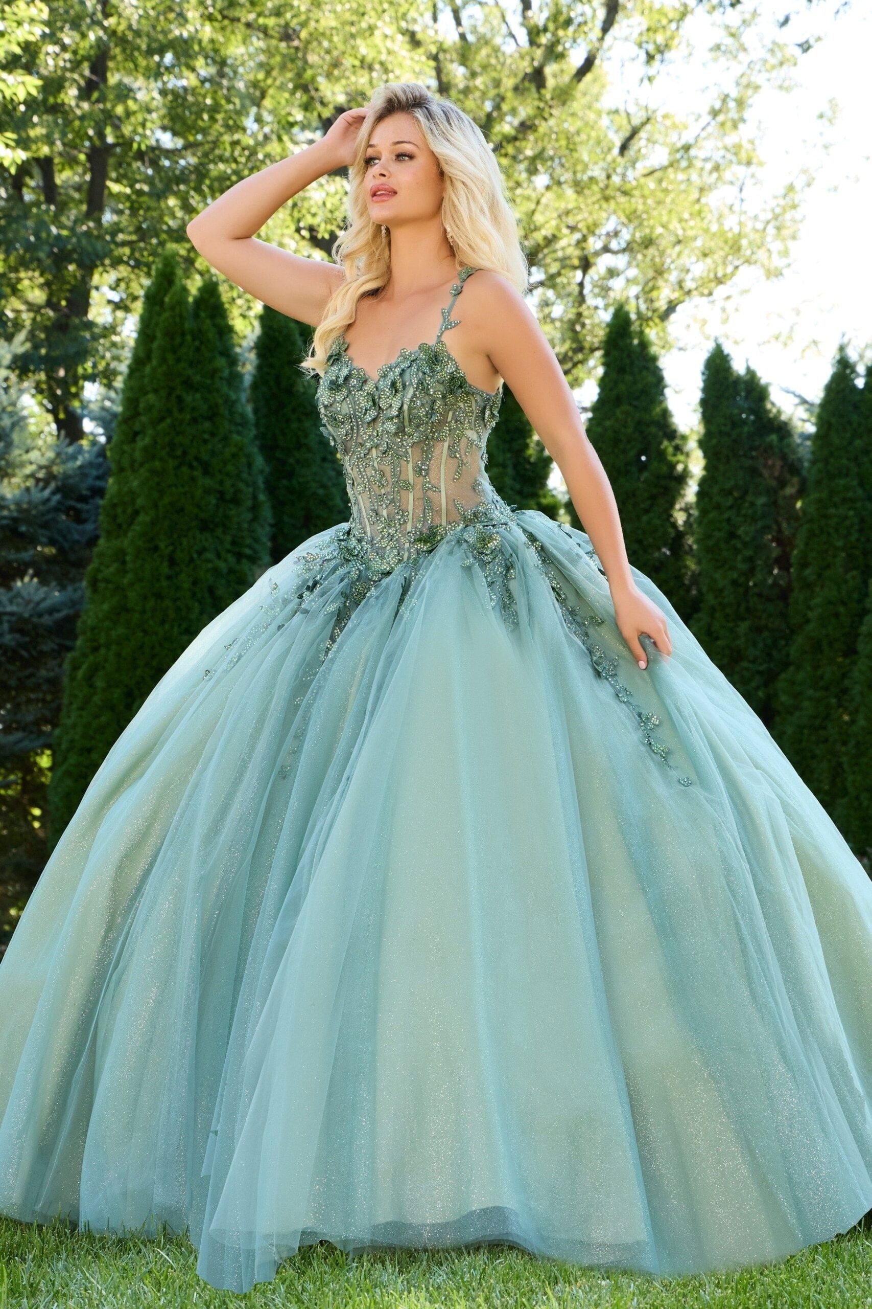 Quinceniera Dresses Lace Beaded Corset Long Ball Gown Floral Quinceanera Dress Jovani Q43437 Sage
