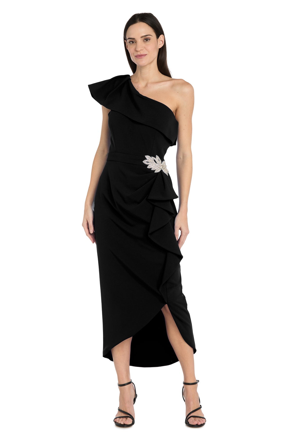 One-Shoulder Midi Crepe Evening Sheath R&M Richards 4353
