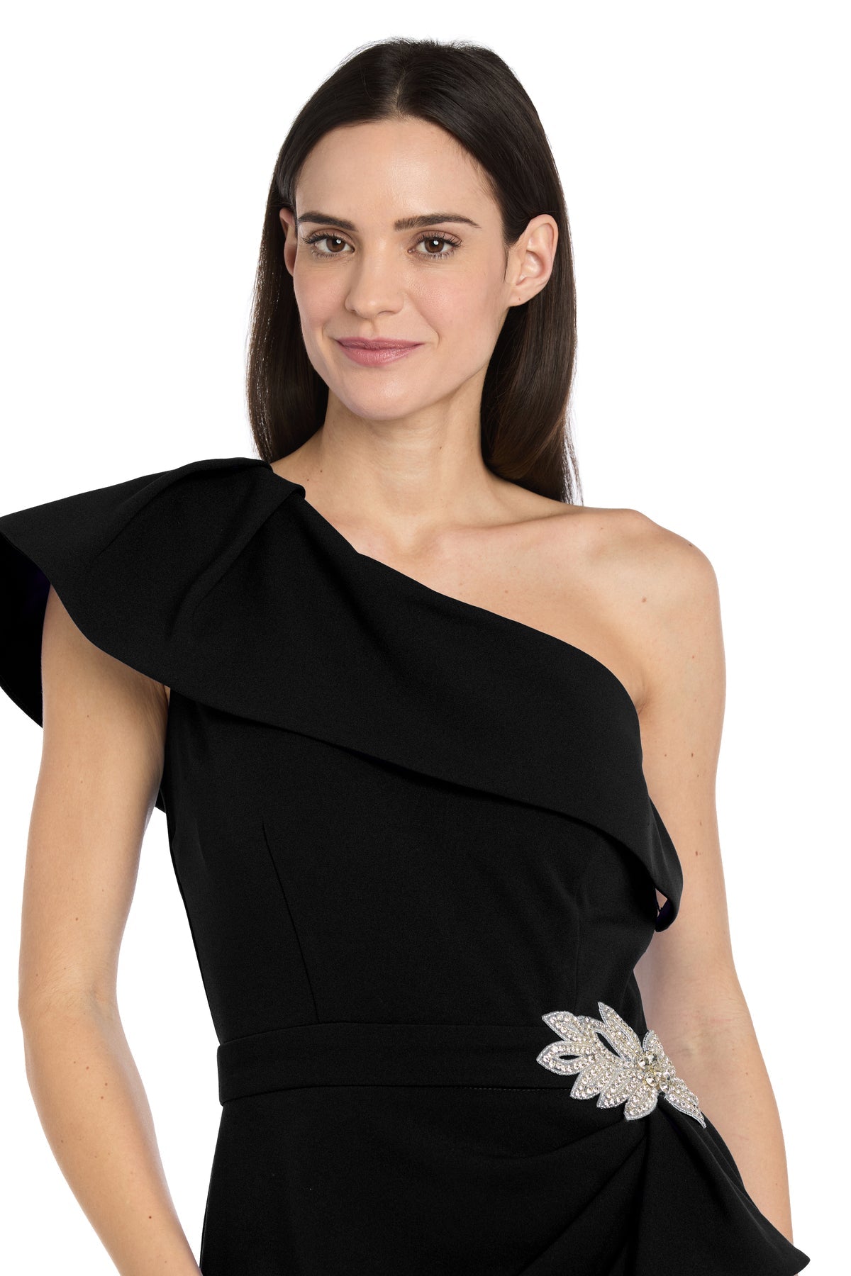 One-Shoulder Midi Crepe Evening Sheath R&M Richards 4353