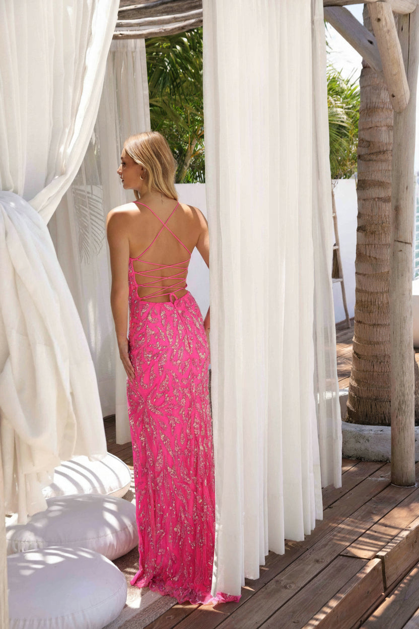 Prom Dresses Fitted Long Formal Prom Slit Dress Neon Pink