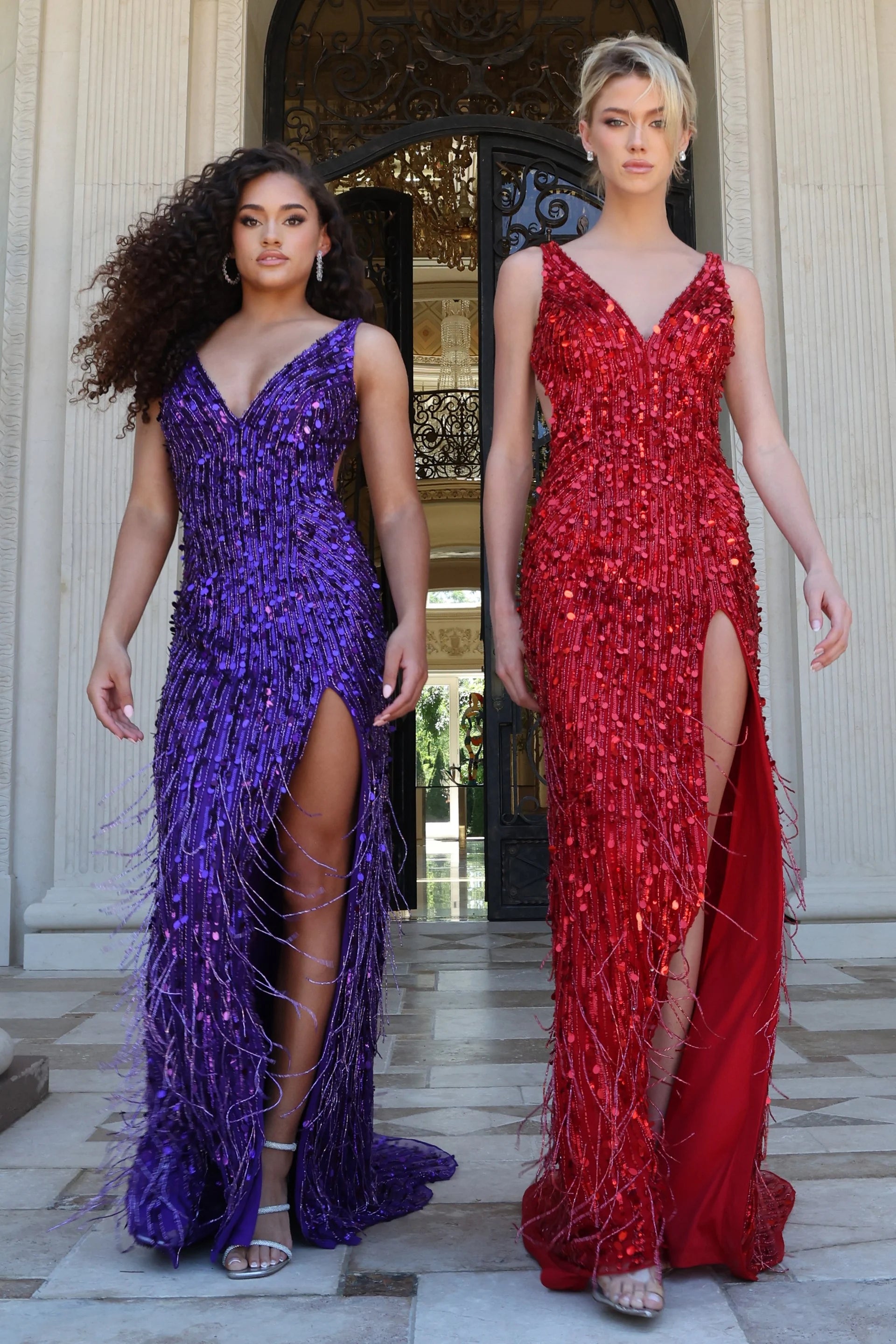 Prom Dresses Sequin Long High Slit Open Back Formal Prom Dress Purple