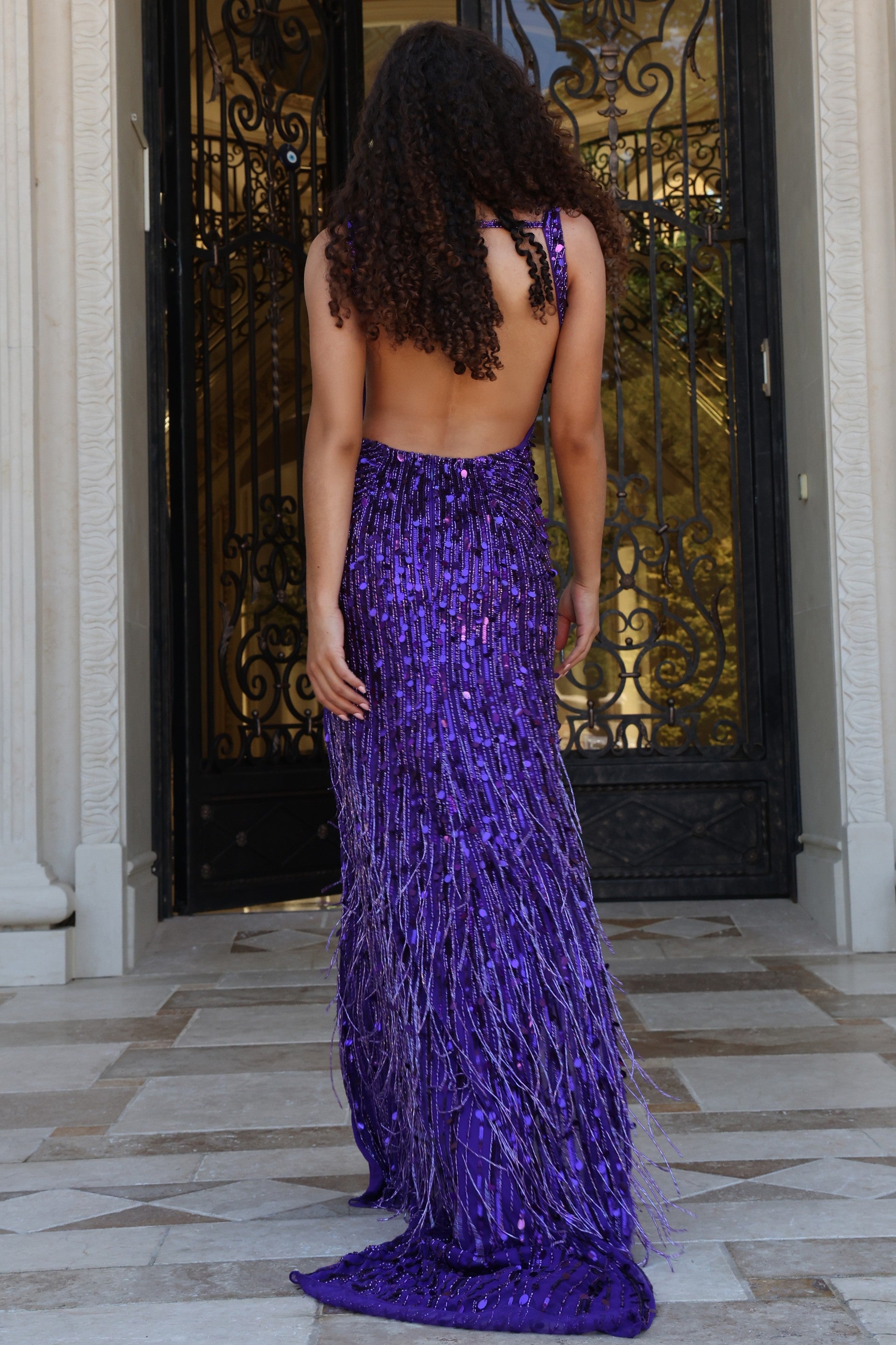 Prom Dresses Sequin Long High Slit Open Back Formal Prom Dress Purple