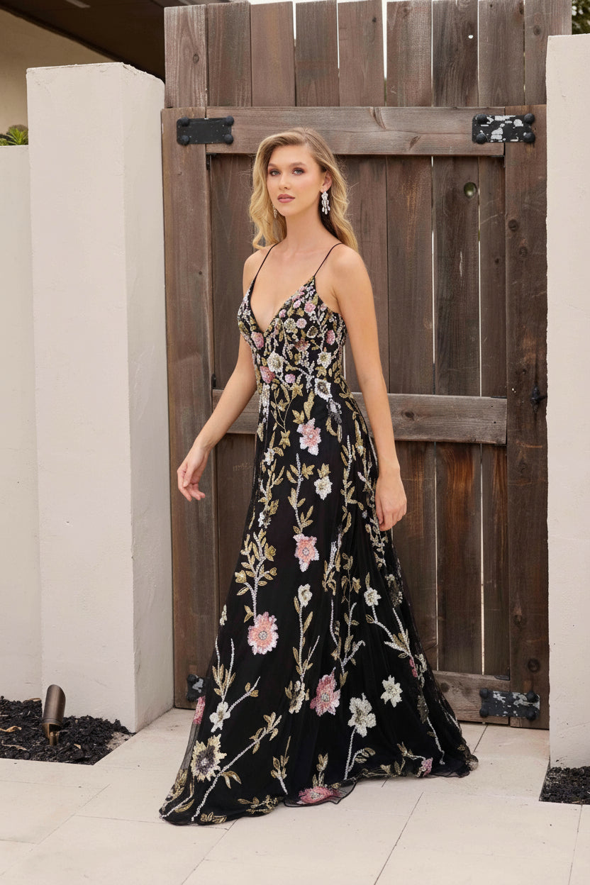 Prom Dresses Floral Sequin Long Formal Prom A Line Dress Black