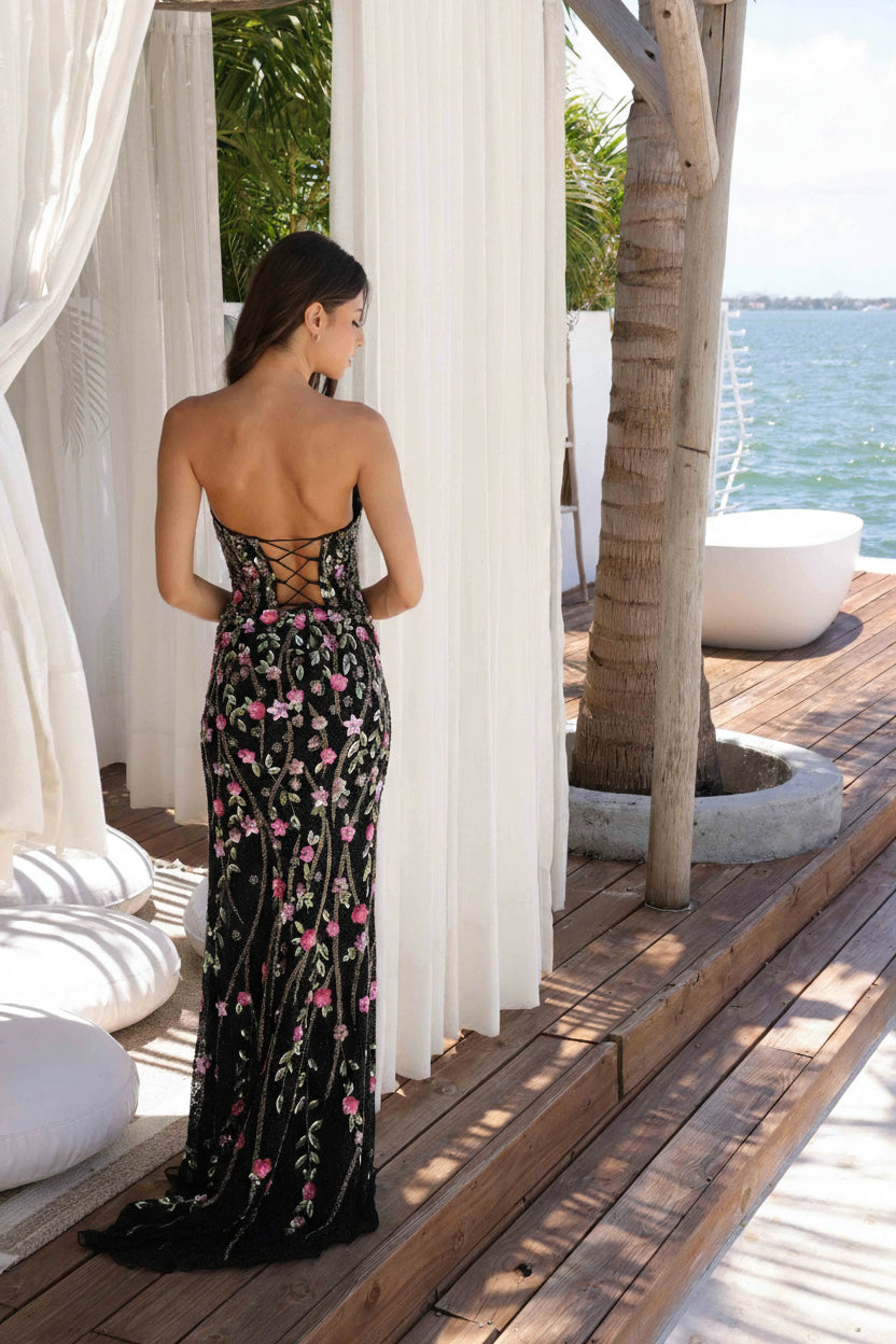 Prom Dresses Floral Long Formal Beaded Sequin Prom Dress Black