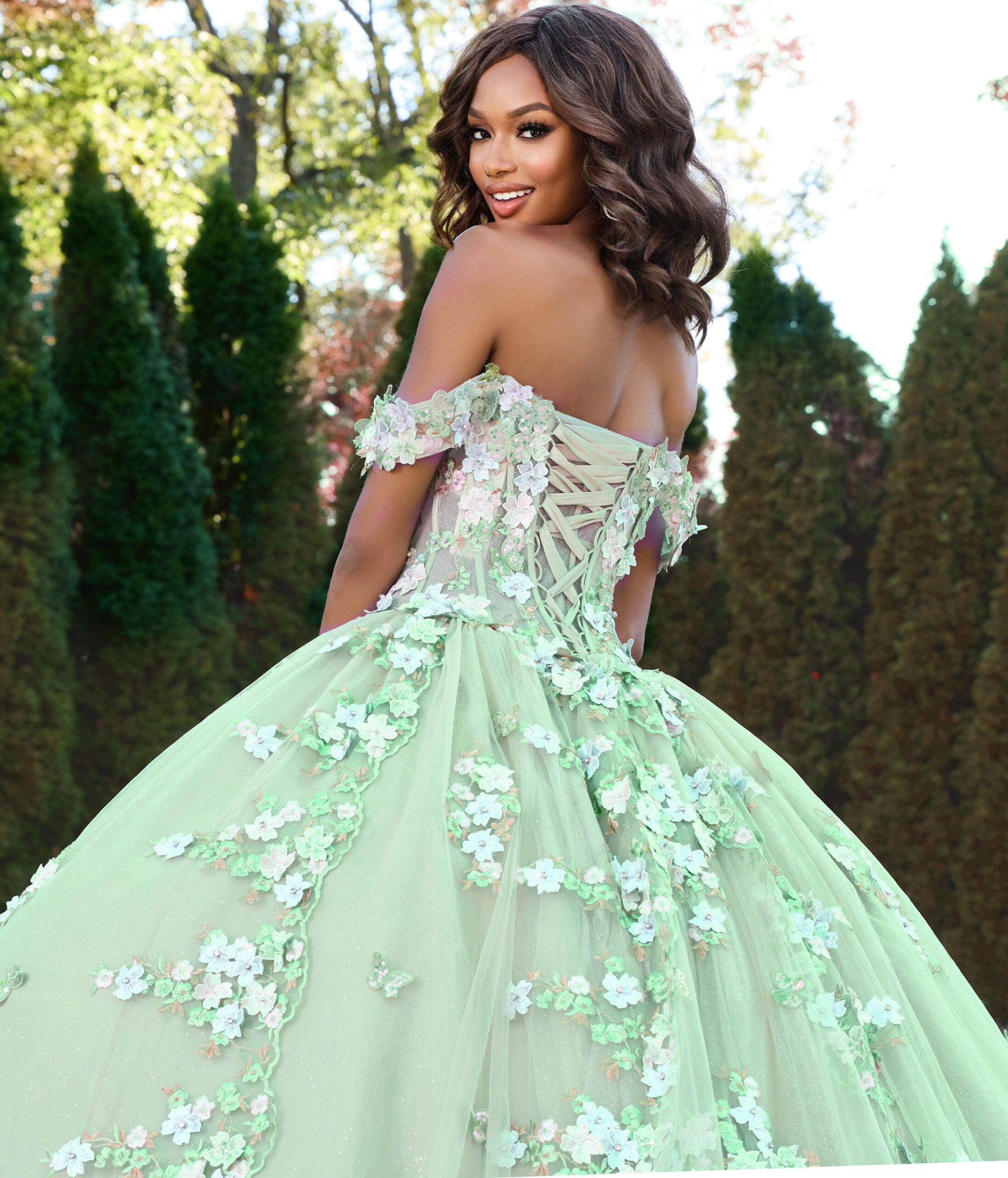 Quinceniera Dresses Floral Applique Long Corset Ball Gown Quinceanera Dress Jovani Q43811 Light Green