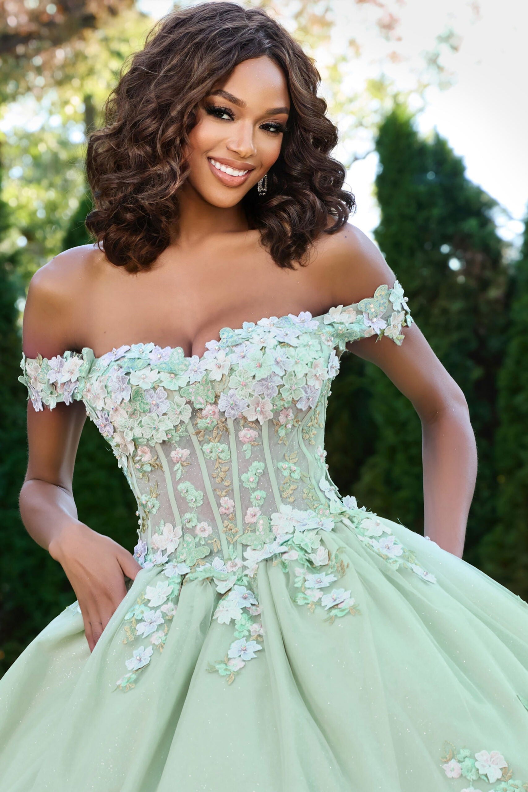 Quinceniera Dresses Floral Applique Long Corset Ball Gown Quinceanera Dress Jovani Q43811 Light Green