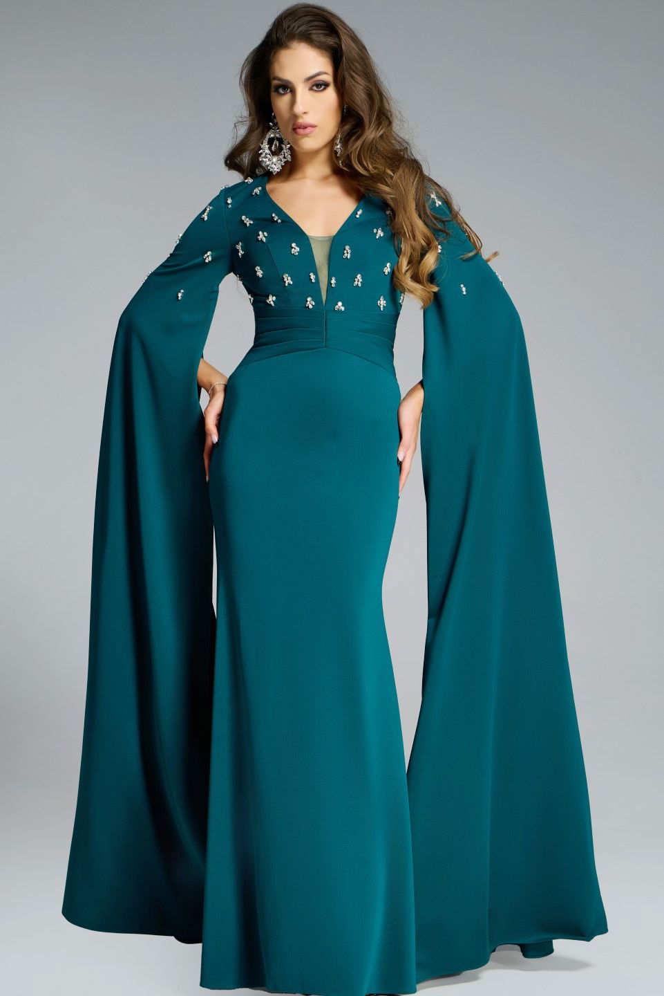 Formal Dresses Long Cape Sleeve Formal Dress Jovani 43830 Emerald