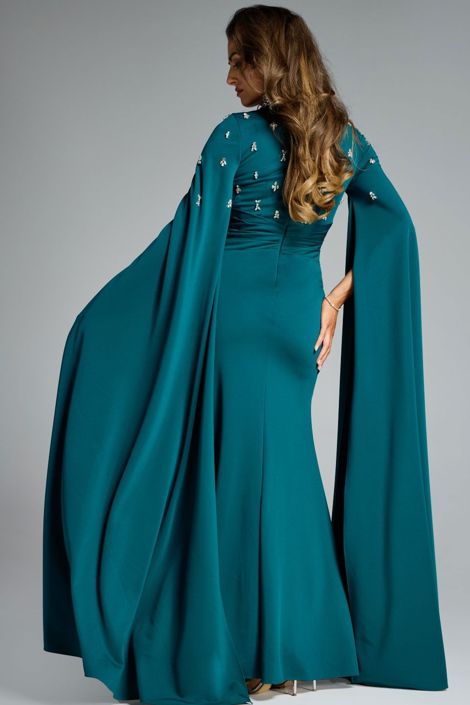 Formal Dresses Long Cape Sleeve Formal Dress Jovani 43830 Emerald