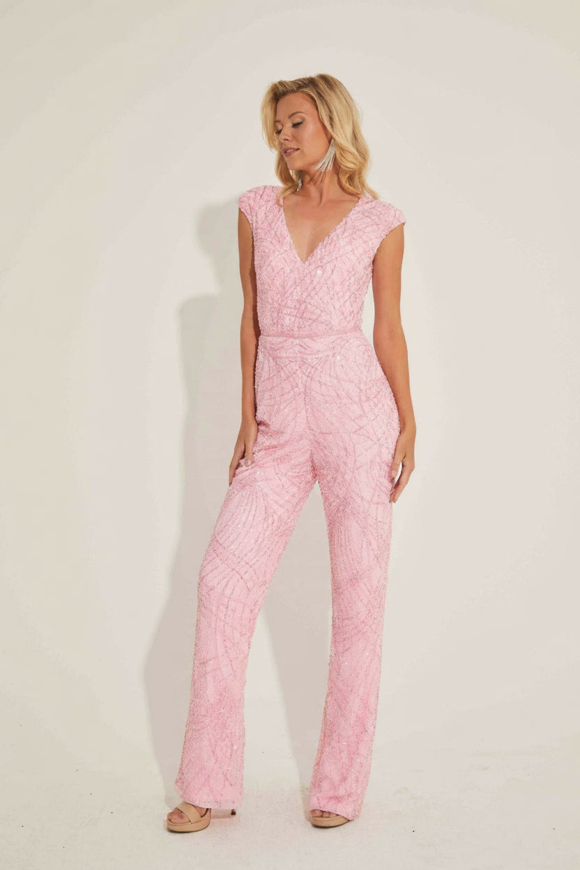 Pink Primavera Couture 4384 Long Formal Beaded Jumpsuit Dressy