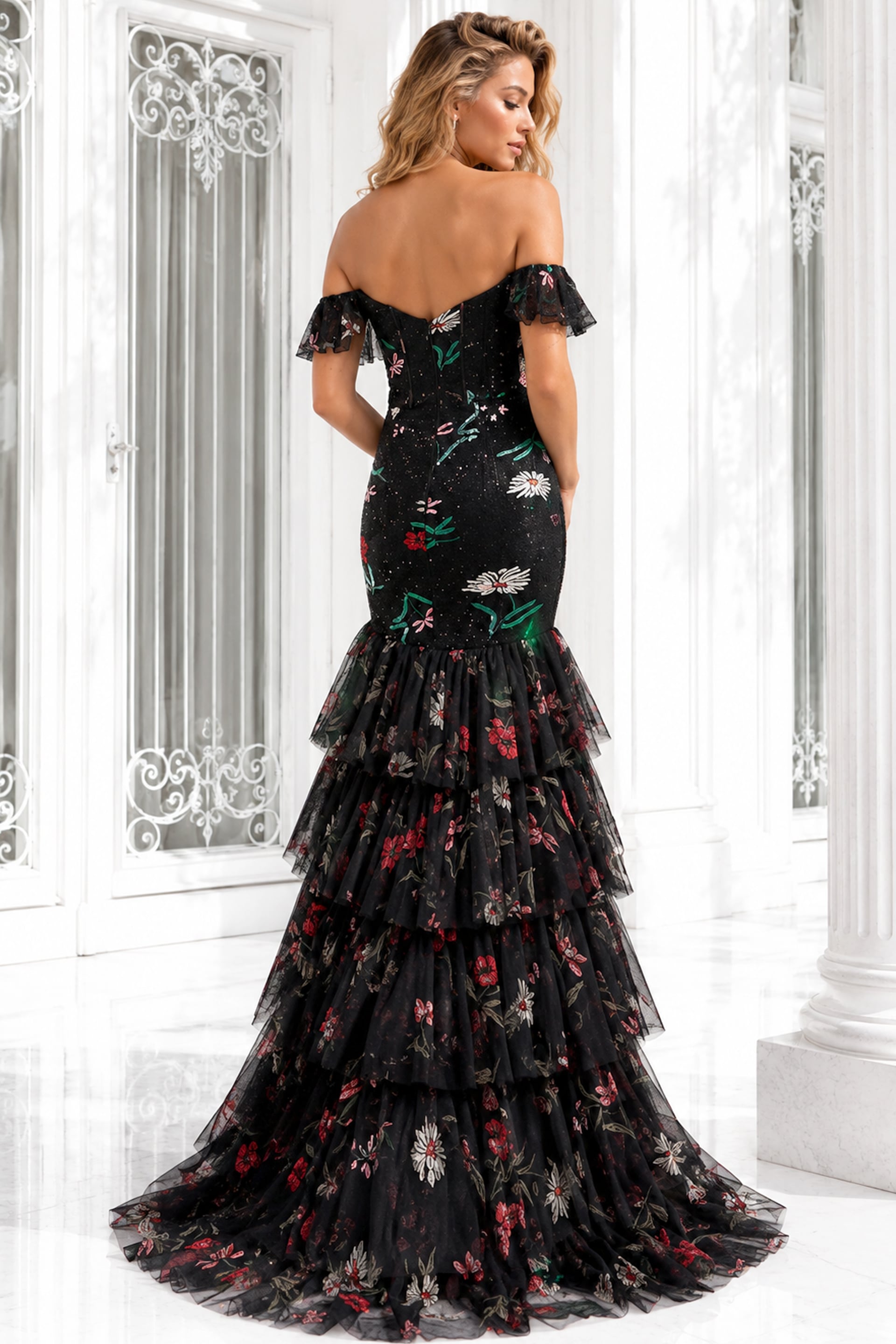 Black/Multi Off-the-Shoulder Floor-Length Floral Tulle Prom Dress Tiered Mermaid Gown Jovani 43941