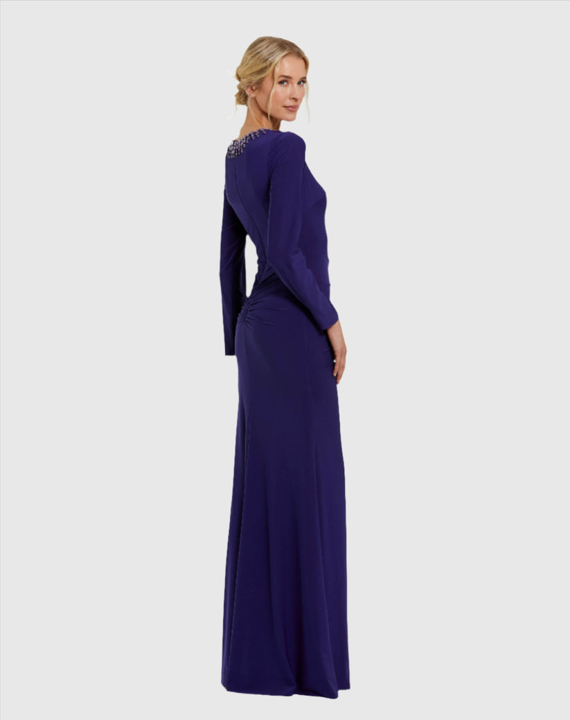 Formal Dresses Beaded Long Sleeve Prom Formal Dress Indigo