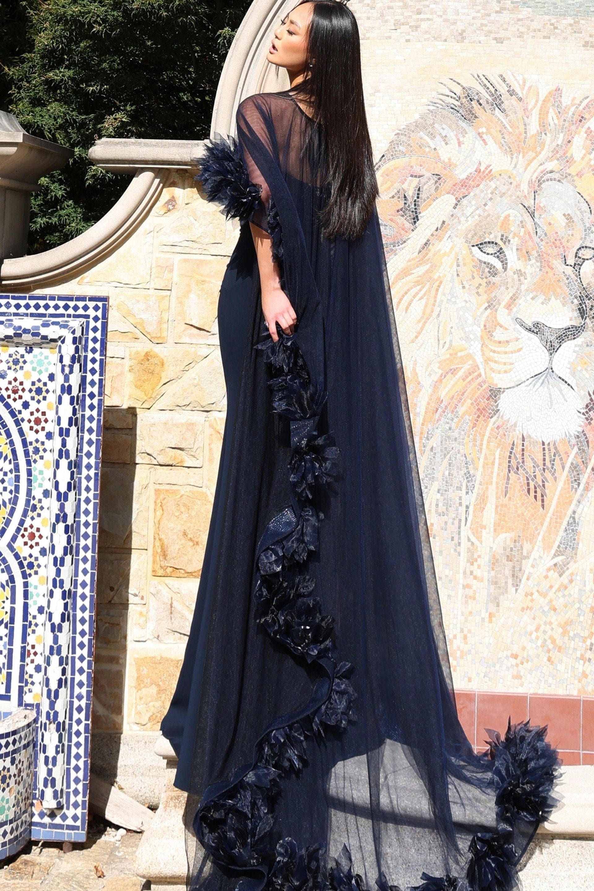 Prom Dresses Long Formal 3D Floral Cape Prom Dress Jovani 44321 Navy
