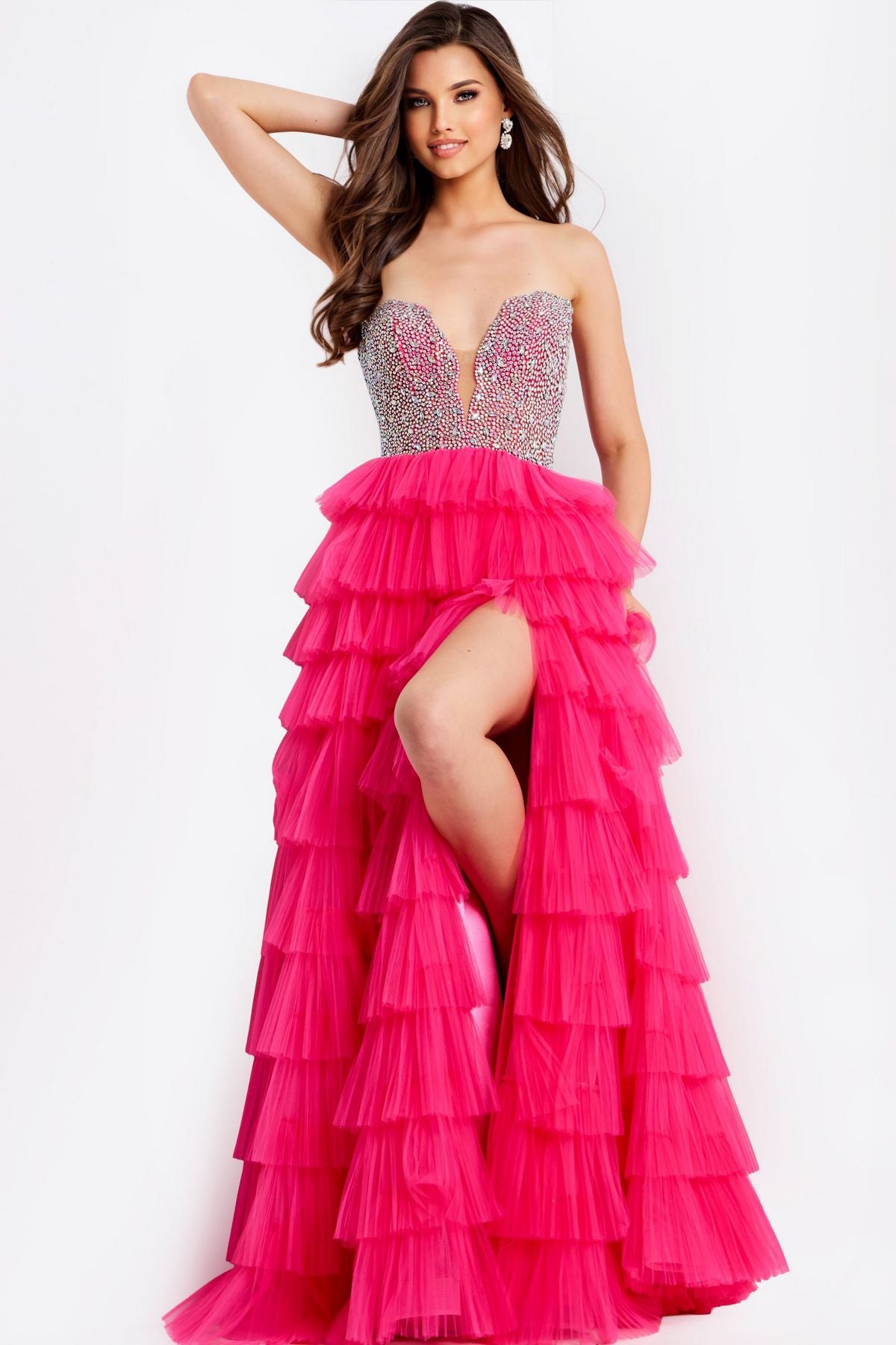 Prom Dresses Long Beaded Formal Ruffle Sequin Evening Prom Dress Fuchsia