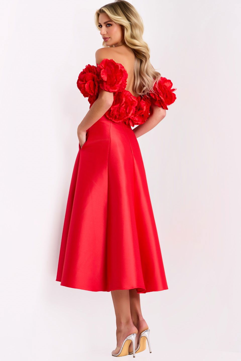Cocktail Dresses Short 3D Floral Midi A Line Cocktail Dress Jovani 44179 Red