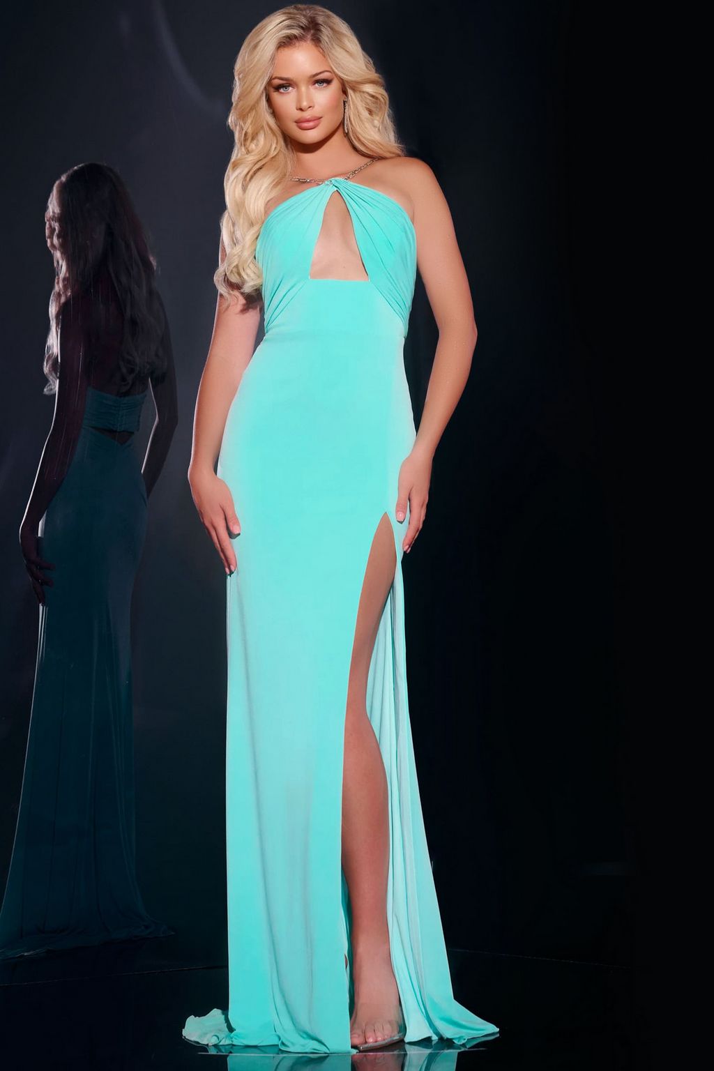 Mint Jovani 44496 Long Cut Out High Slit Formal Prom Dress