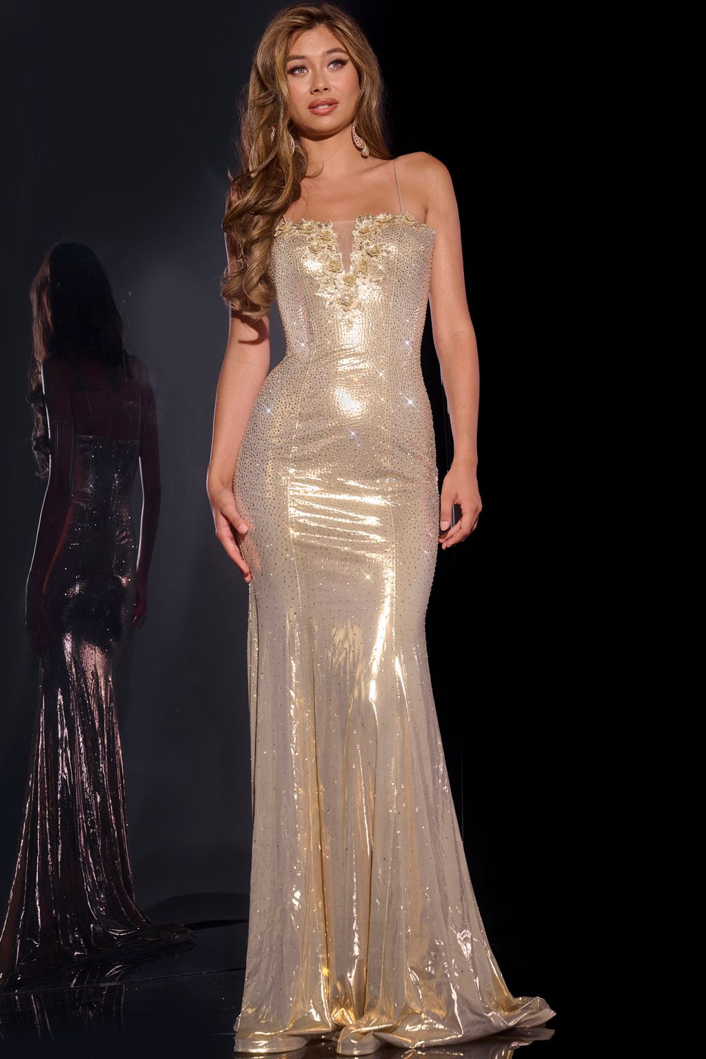 Prom Dresses Long Floral Applique Formal Fitted Prom Dress Gold