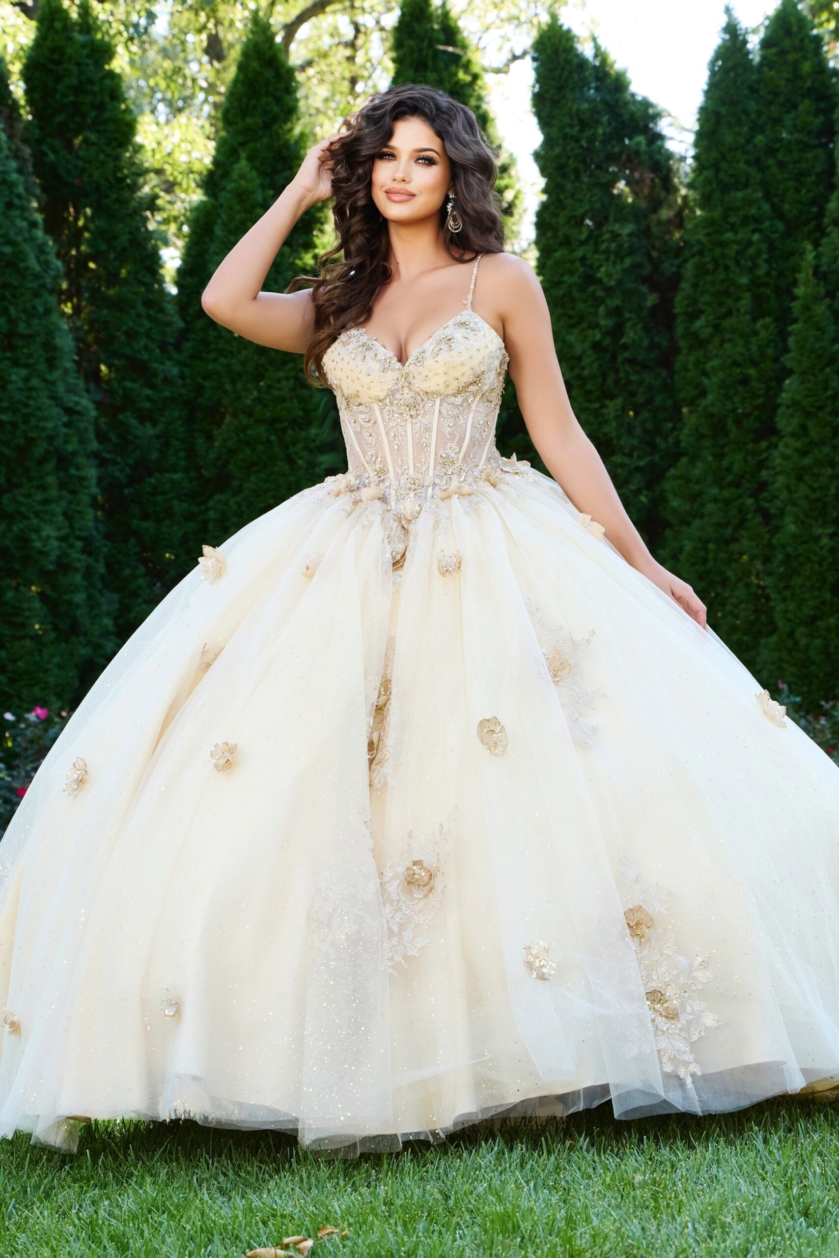 Quinceniera Dresses Long Corset Ball Gown Lace Beaded Floral Applique Quinceanera Dress Jovani Q44559 Champagne
