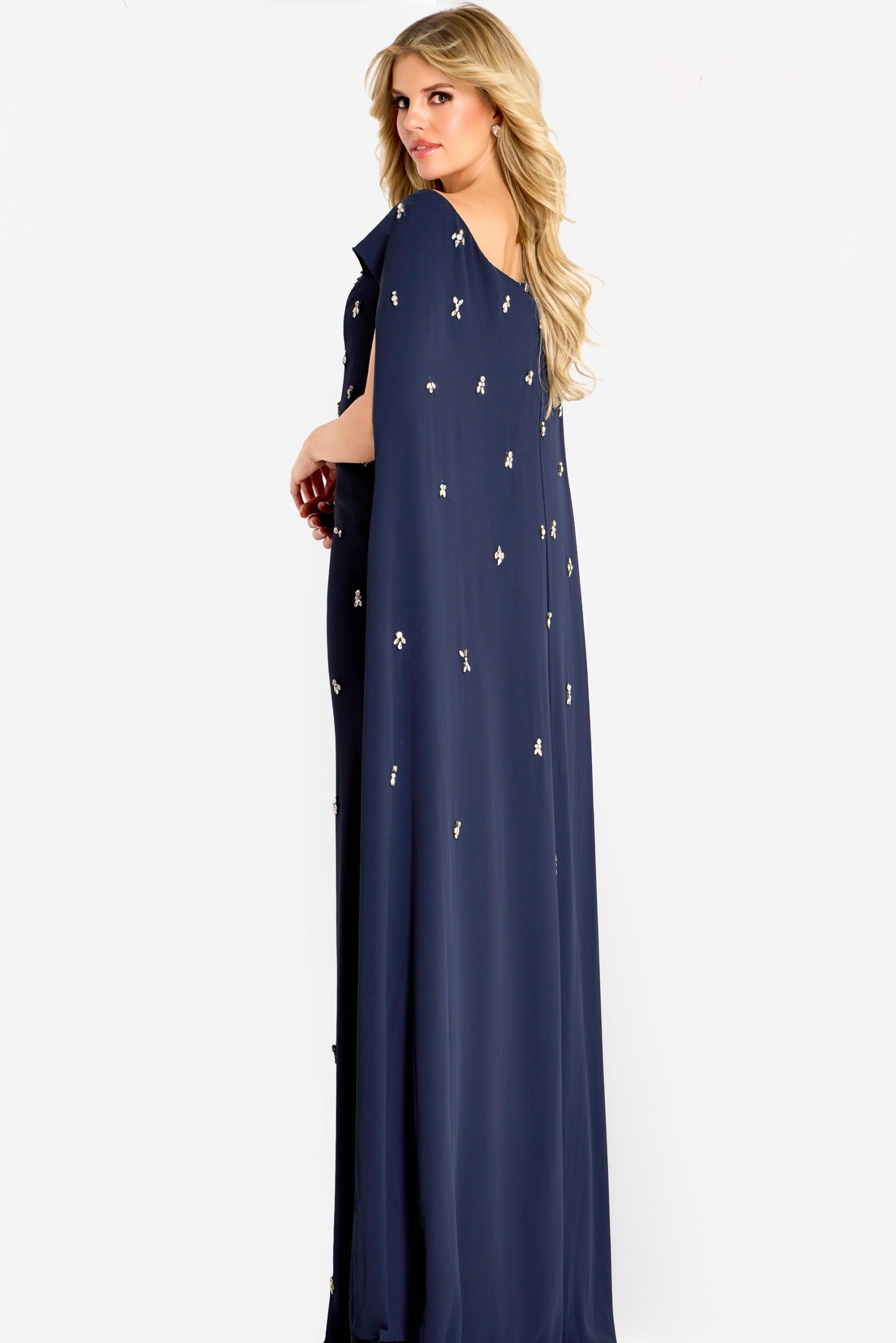Formal Dresses Long Beaded Cape Sleeve Prom Formal Dress Jovani 44575 Navy