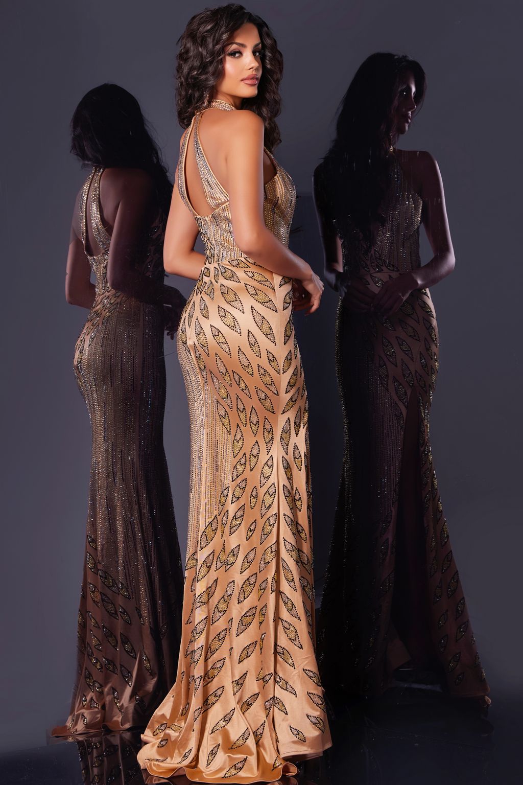Prom Dresses Long Formal Halter Neck Beaded Prom Dress Gold