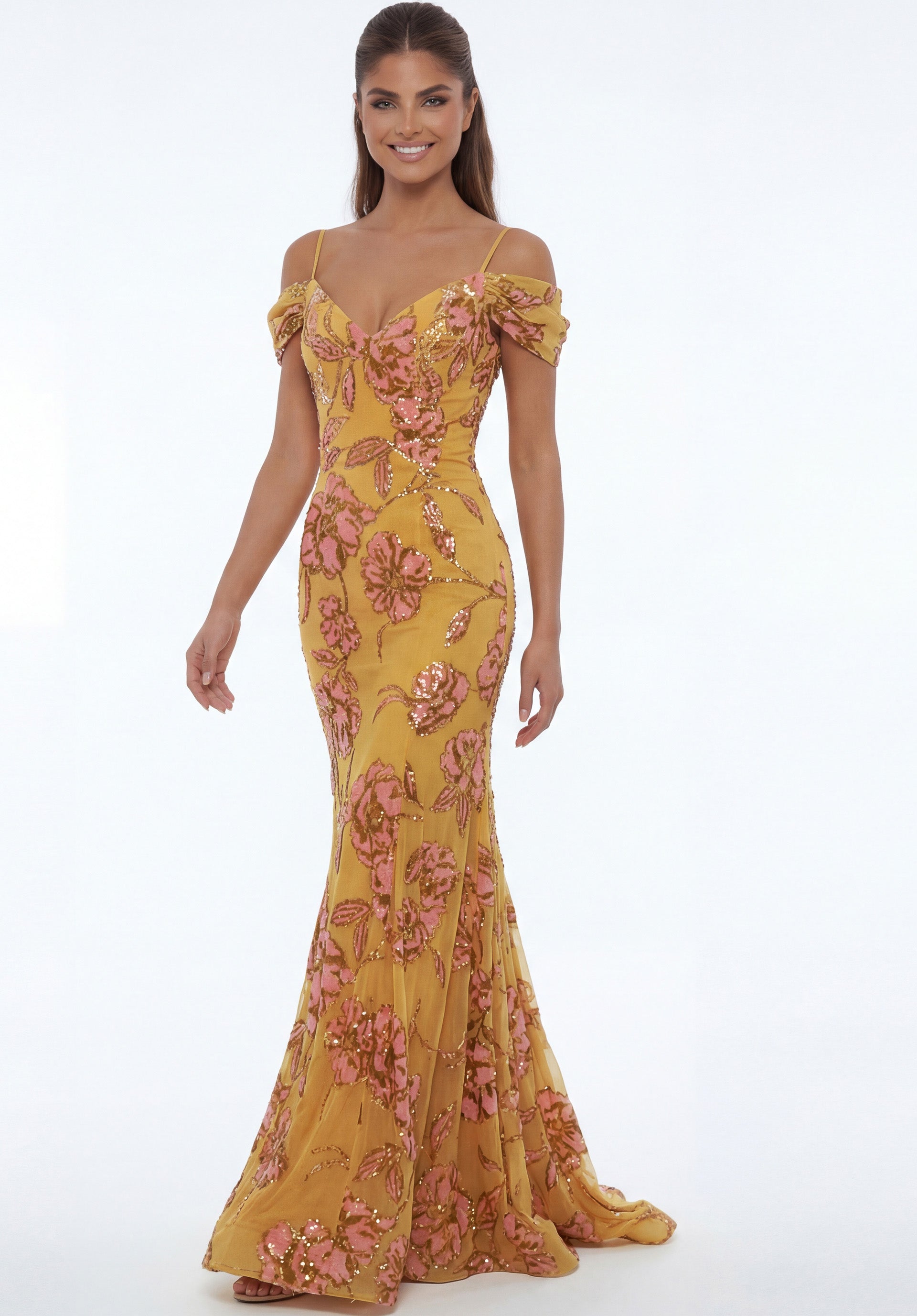 Yellow/Multi Sweetheart Floor-Length Embroidered Tulle Prom Gown with Floral Sequin Detailing Jovani 44652