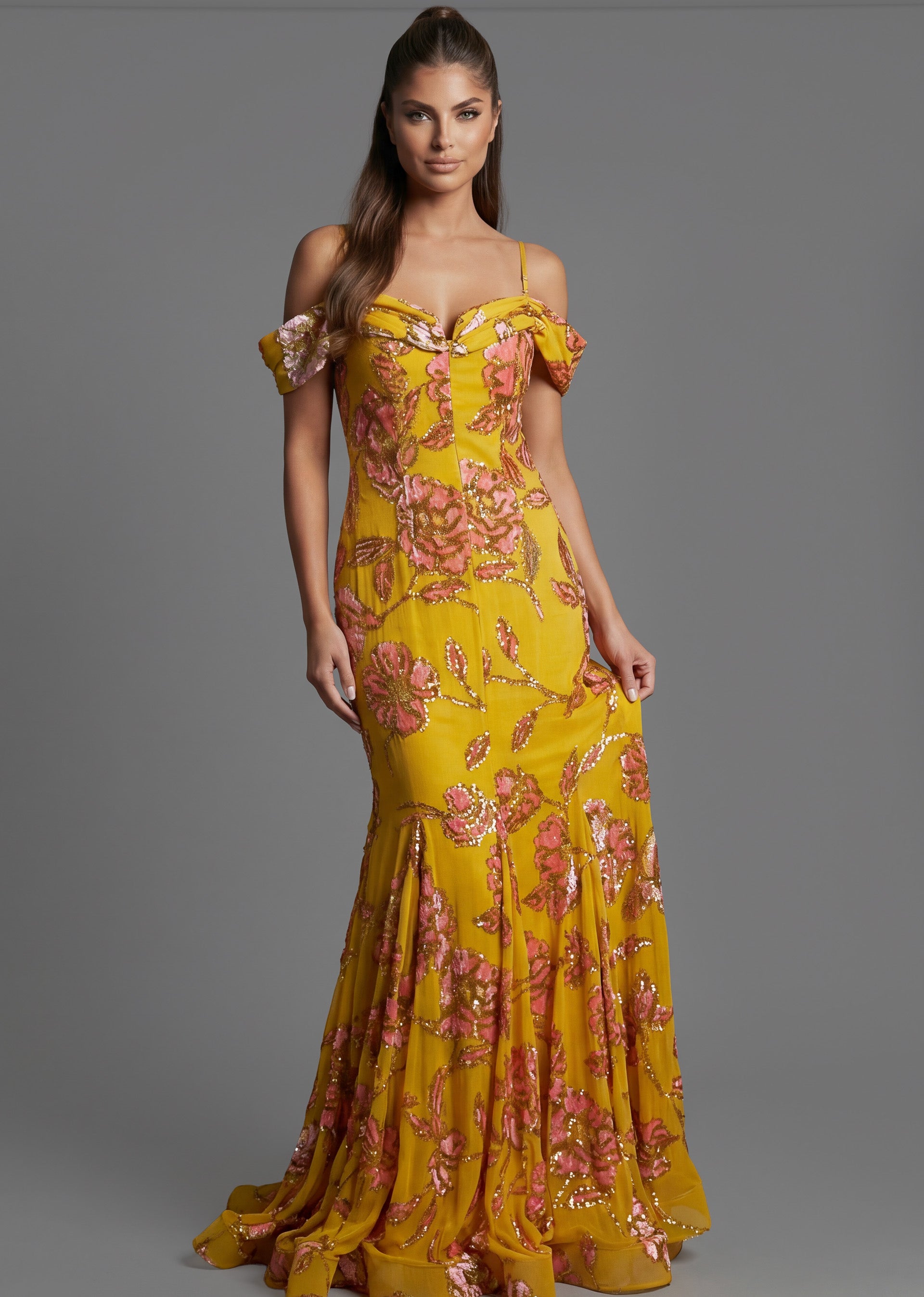 Yellow/Multi Sweetheart Floor-Length Embroidered Tulle Prom Gown with Floral Sequin Detailing Jovani 44652