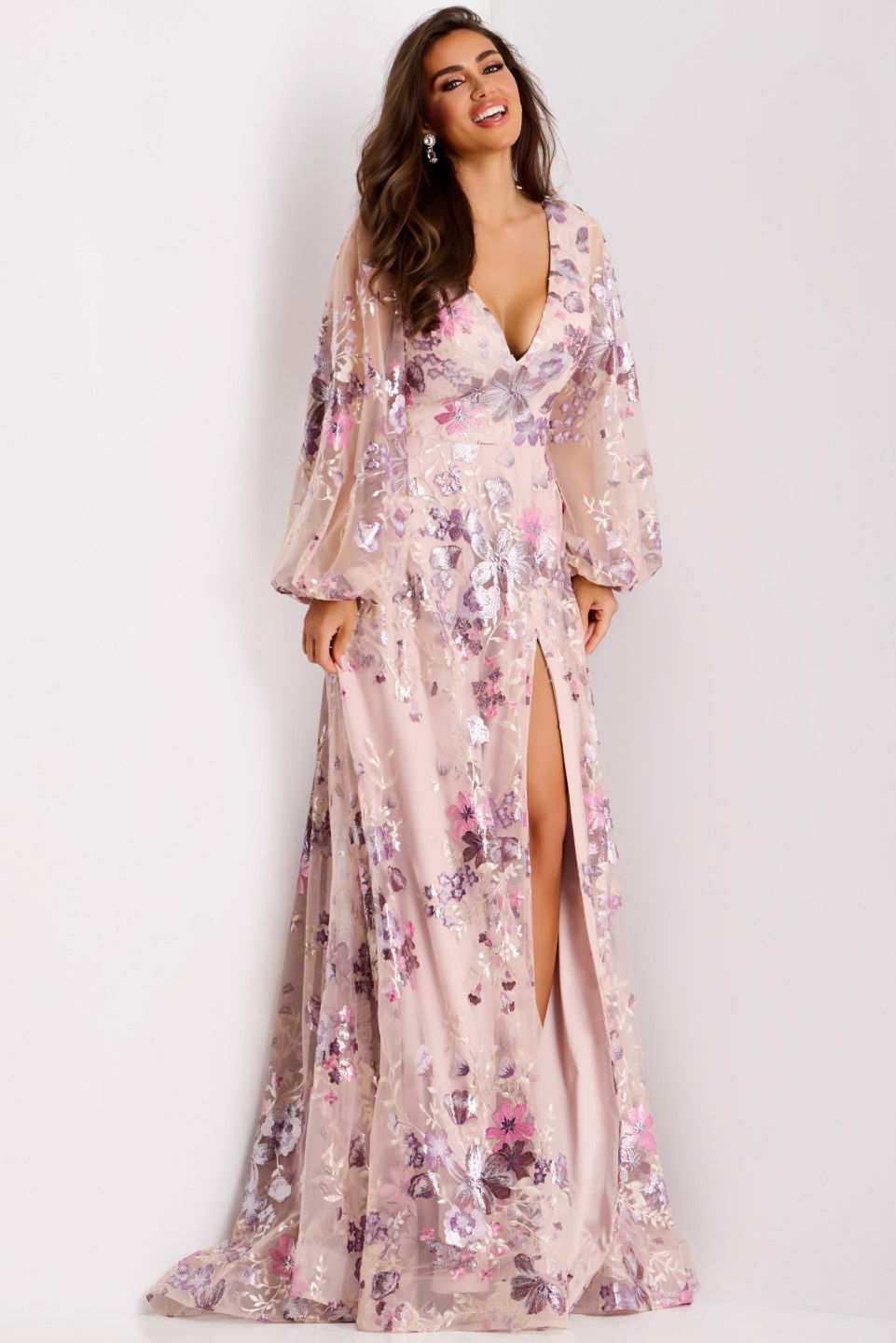 Formal Dresses Long Sleeve Floral Formal Dress Jovani 44655 Blush/Lilac