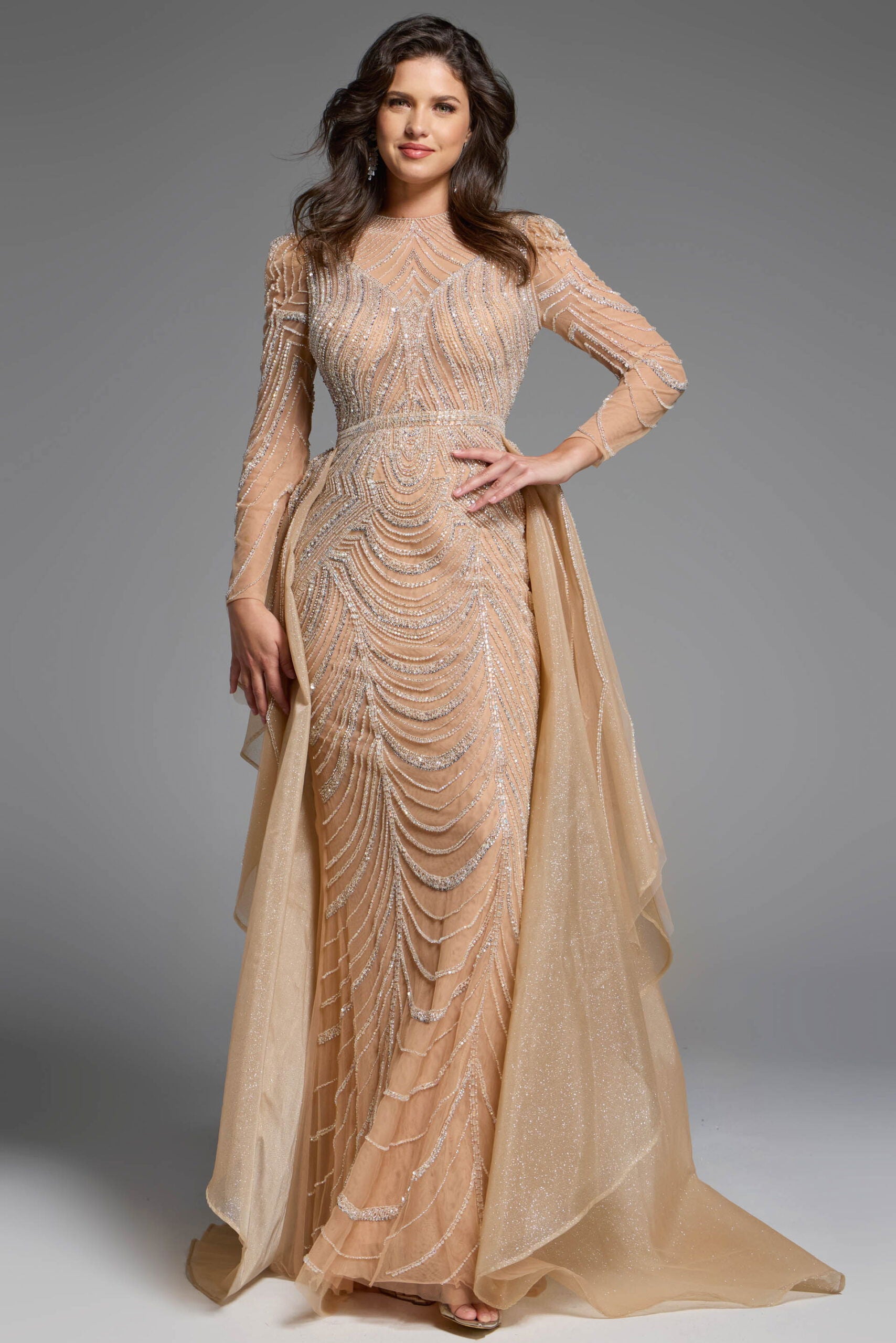 Formal Dresses Evening Long Sleeve Beaded Formal Prom Dress Jovani 44841 Champagne