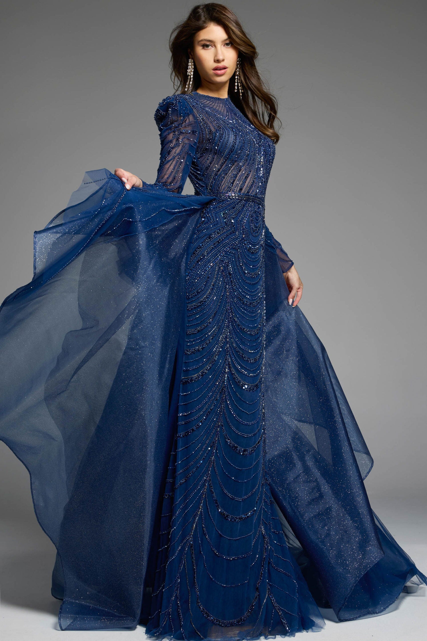 Formal Dresses Evening Long Sleeve Beaded Formal Prom Dress Jovani 44841 Navy