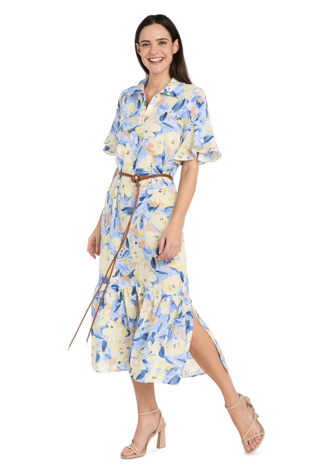 Cocktail Dresses Midi Cocktail Formal Floral Print Dress R&M Richards 4485 Blue/Multi