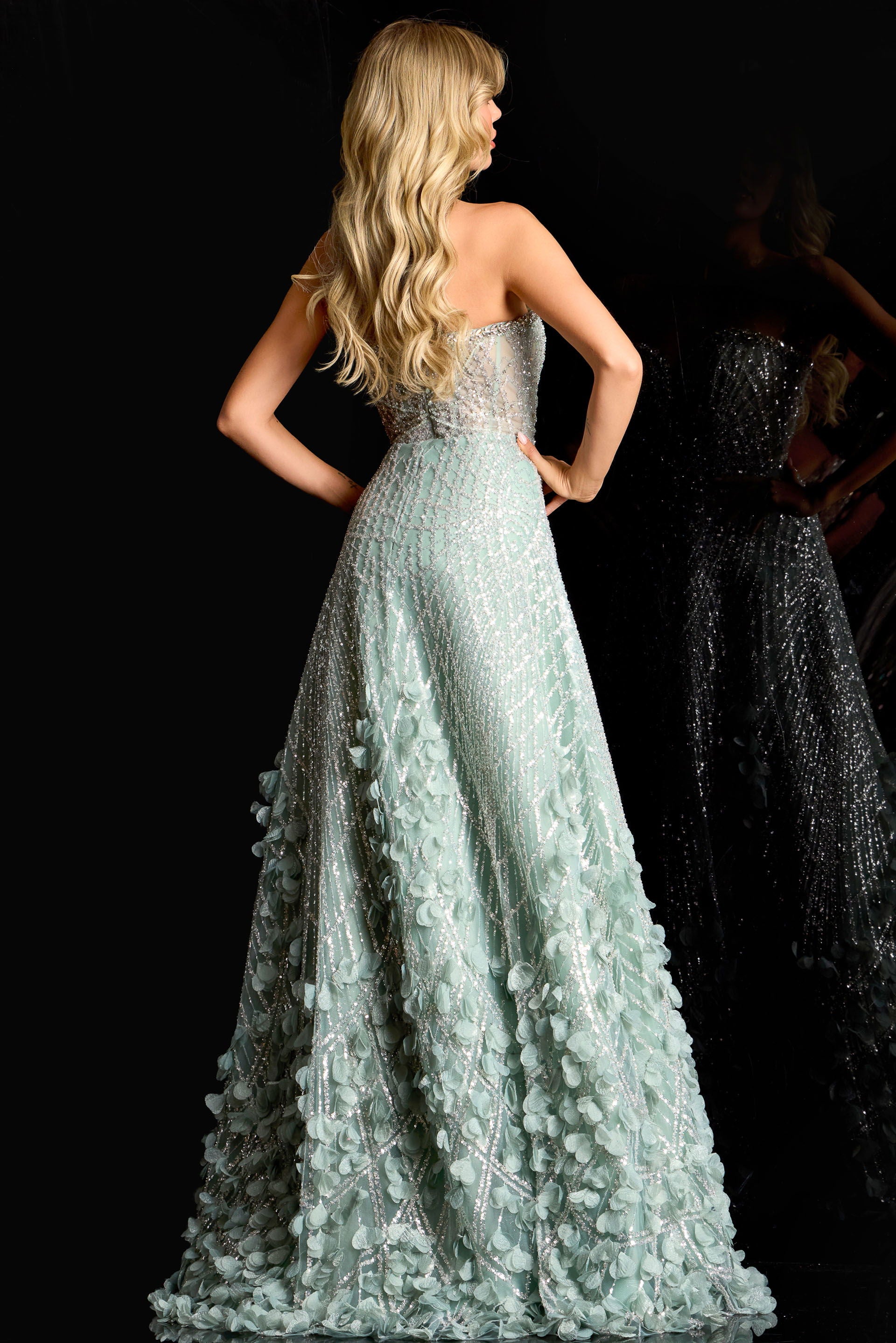 Prom Dresses Beaded Long Formal A Line 3D Floral Prom Dress Jovani 45069 Sage