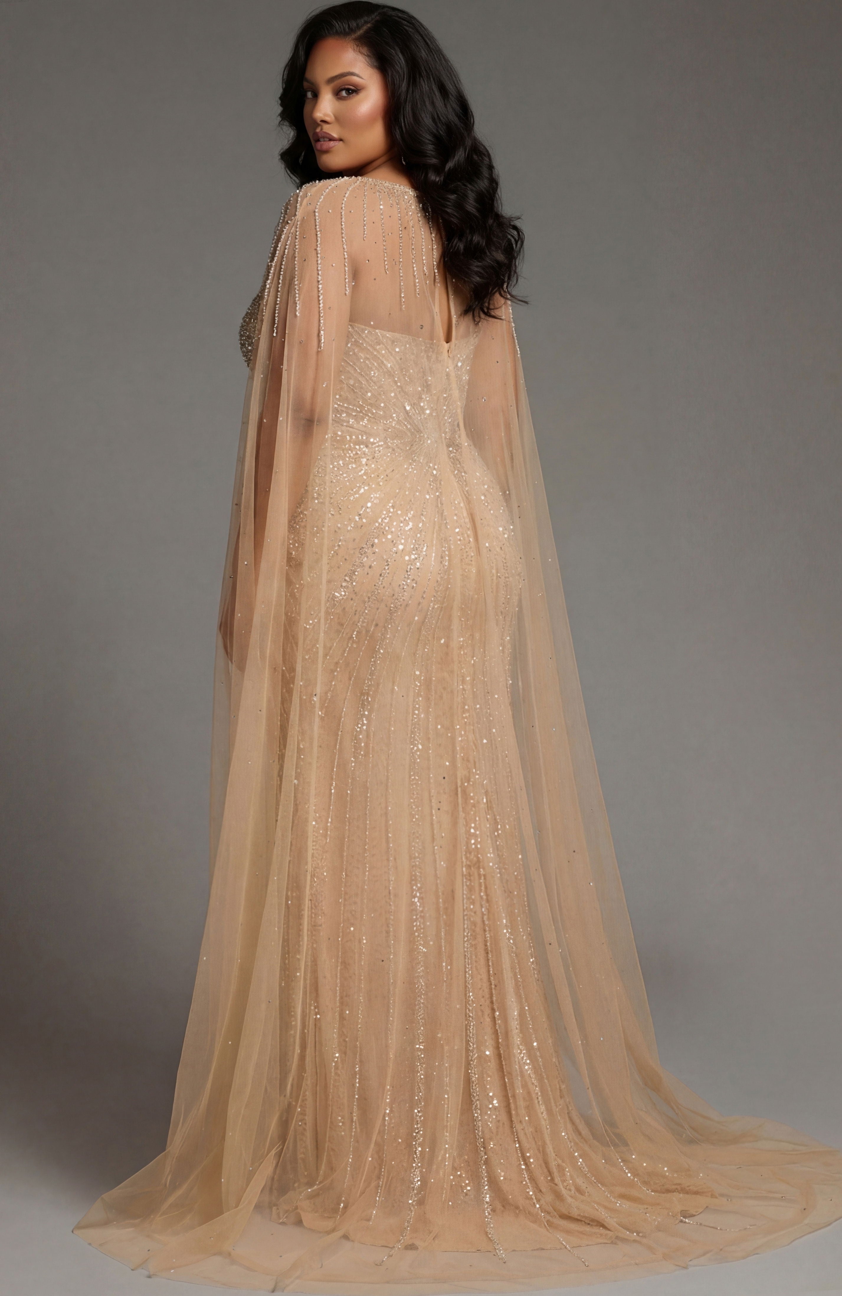 Mother of the Bride Dresses Fitted Long Formal Cape Beaded Mother of the Bride Dress Jovani 45077 Champagne