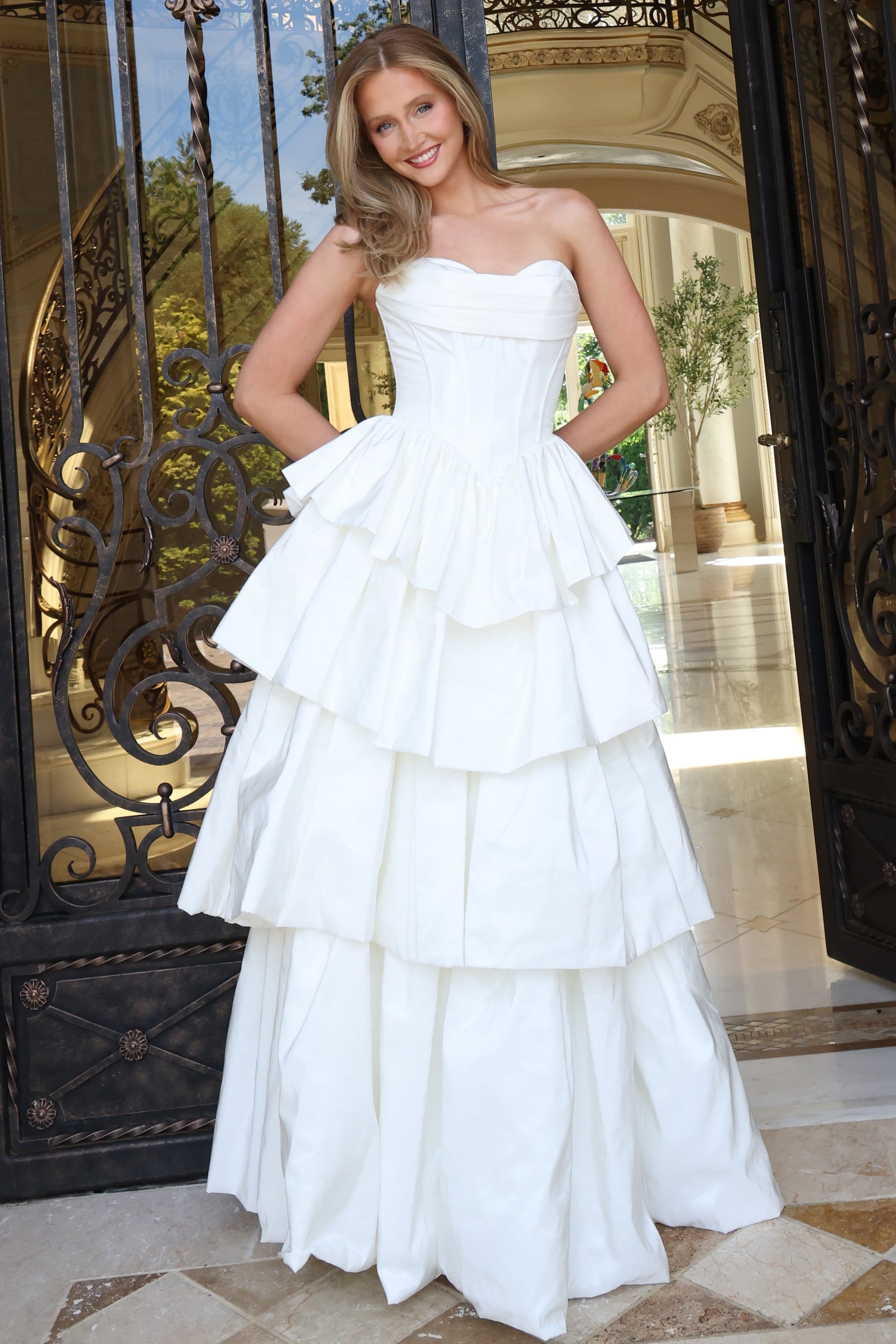 White Sweetheart Floor-Length Mikado Wedding Tiered Ruffle Gown Jovani 45111