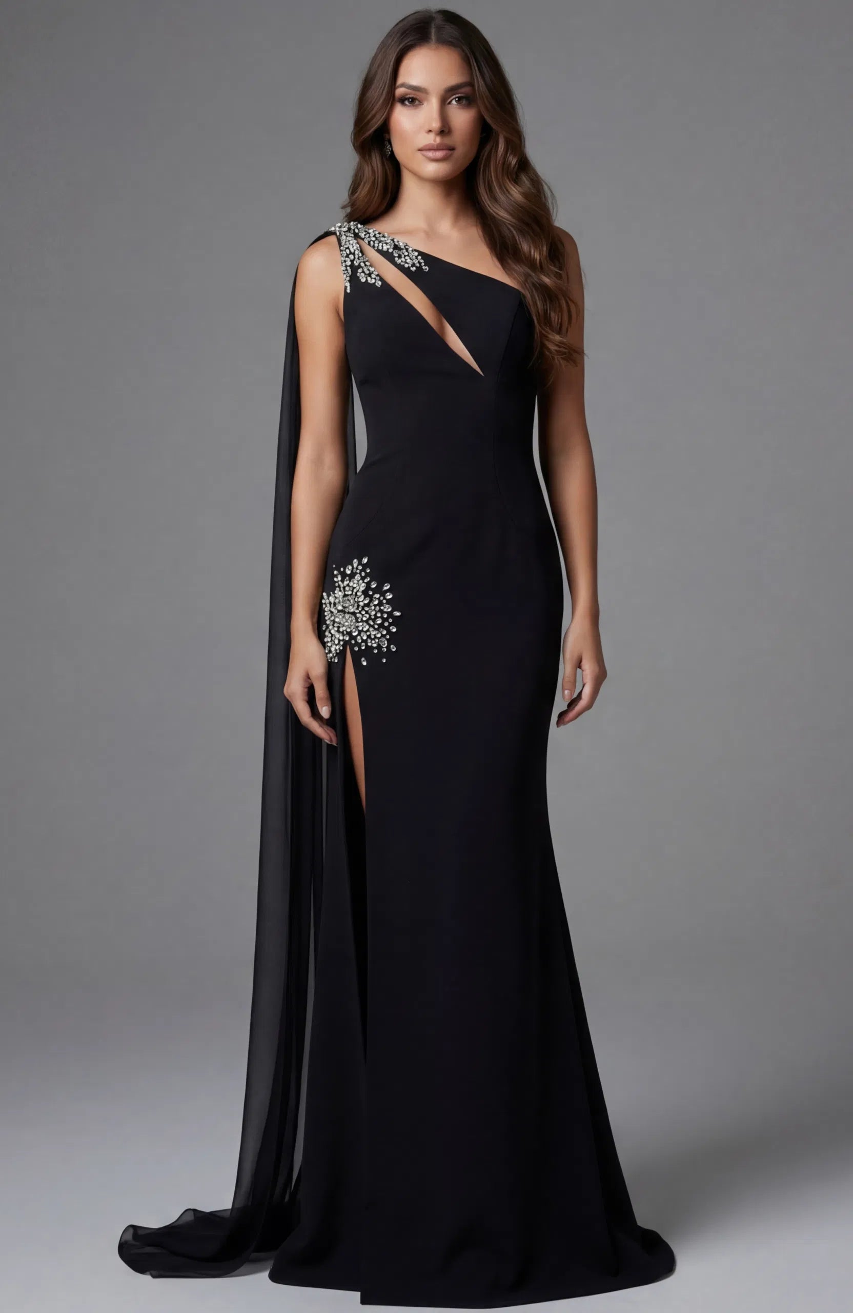 Prom Dresses Long Formal Beaded Cape Fitted Prom Dress Black