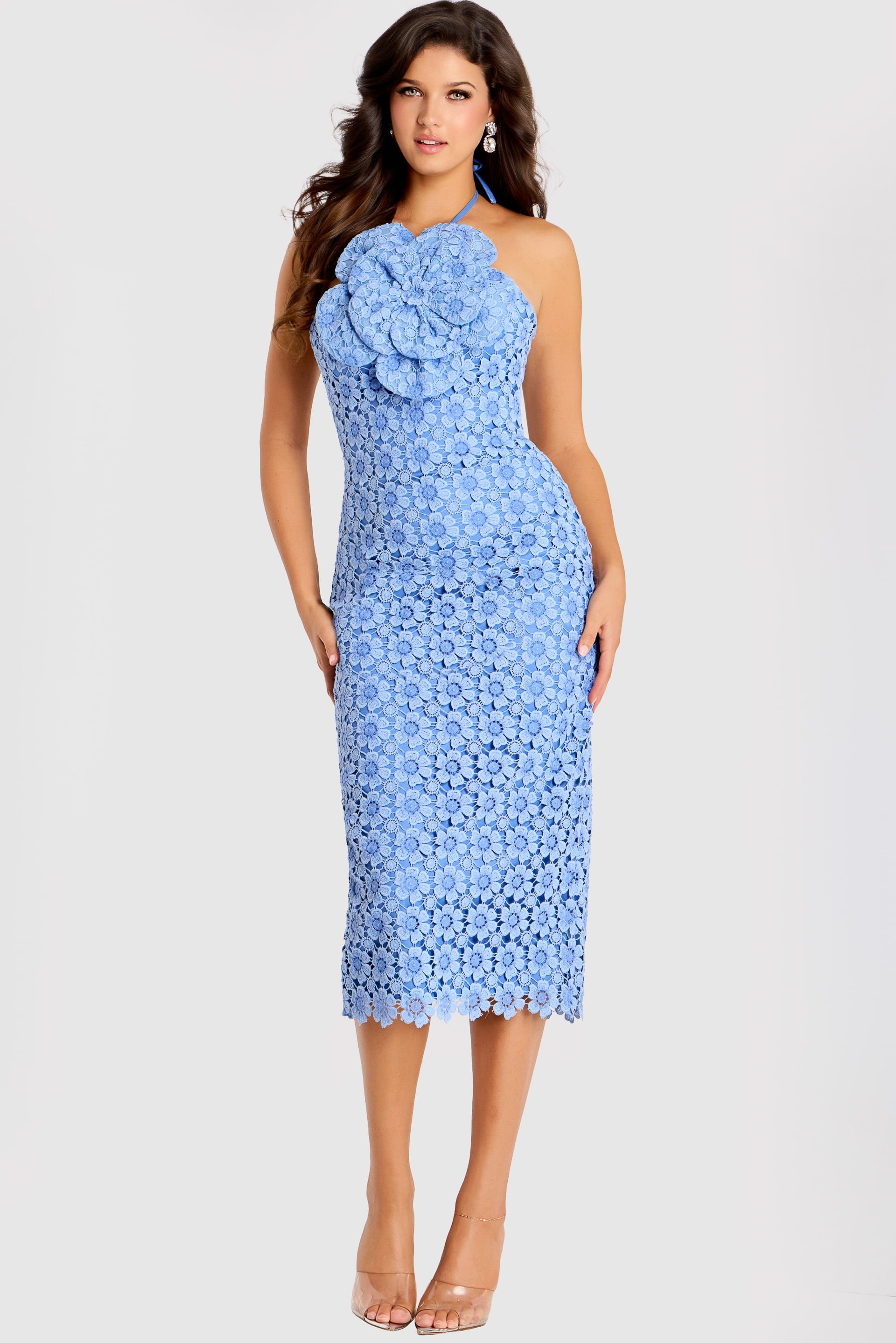 Blue Halter Neck Midi Floral Lace Cocktail Dress Rosette Gown Jovani 45207