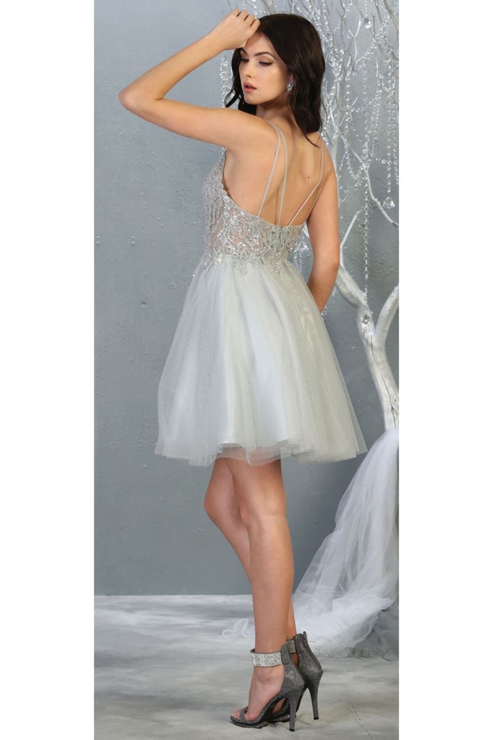Silver V-Neck Short Tulle Homecoming Dress Lace May Queen MQ1813