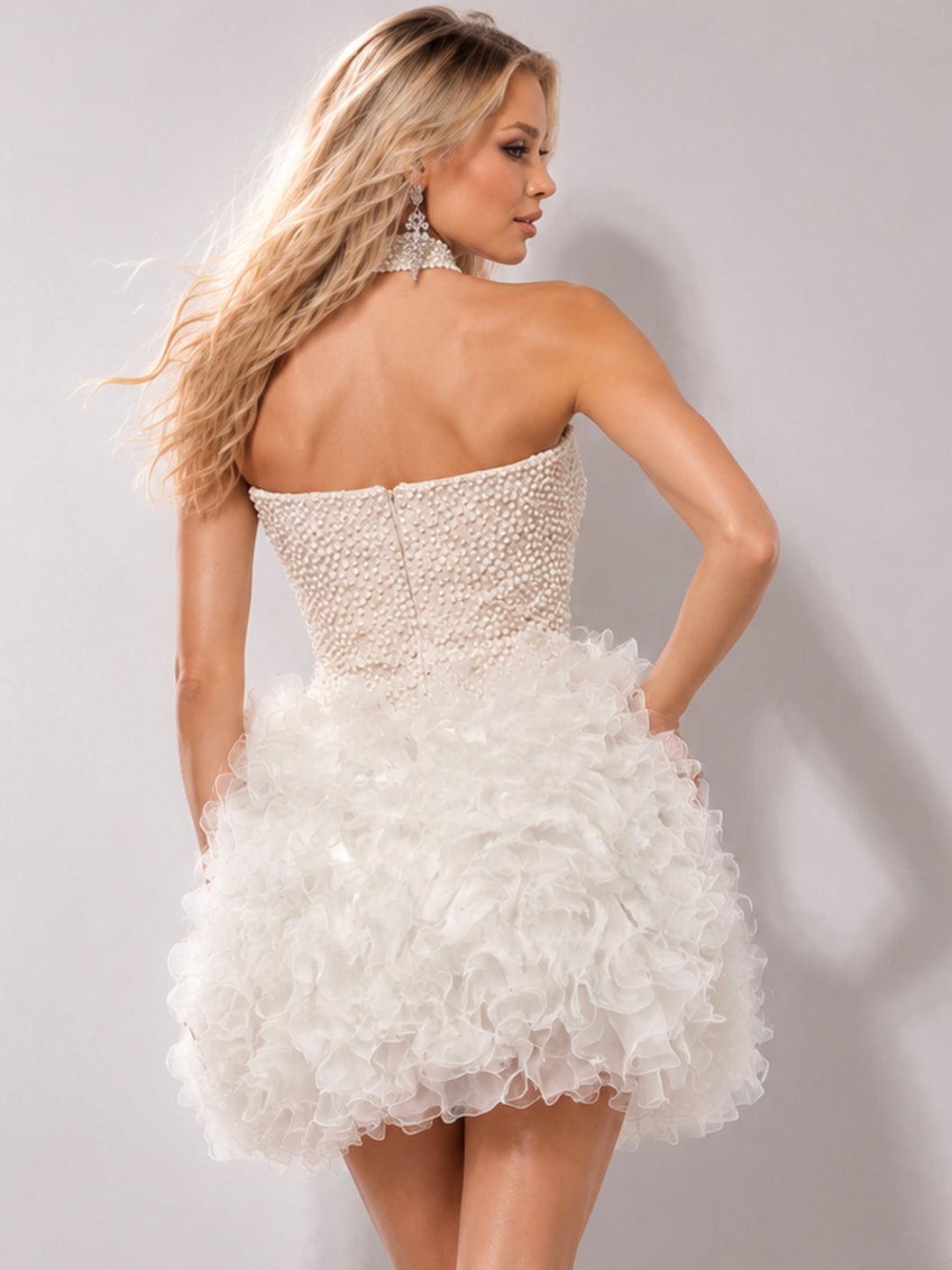 Nude/Off White Strapless Short Mesh Cocktail Dress Ruffle Jovani 45338