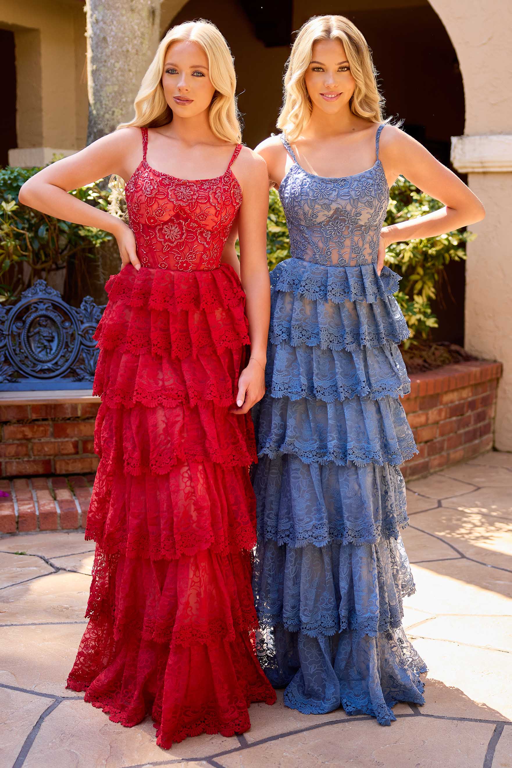Prom Dresses Lace Applique Long Ruffle Prom Dress Red Nude