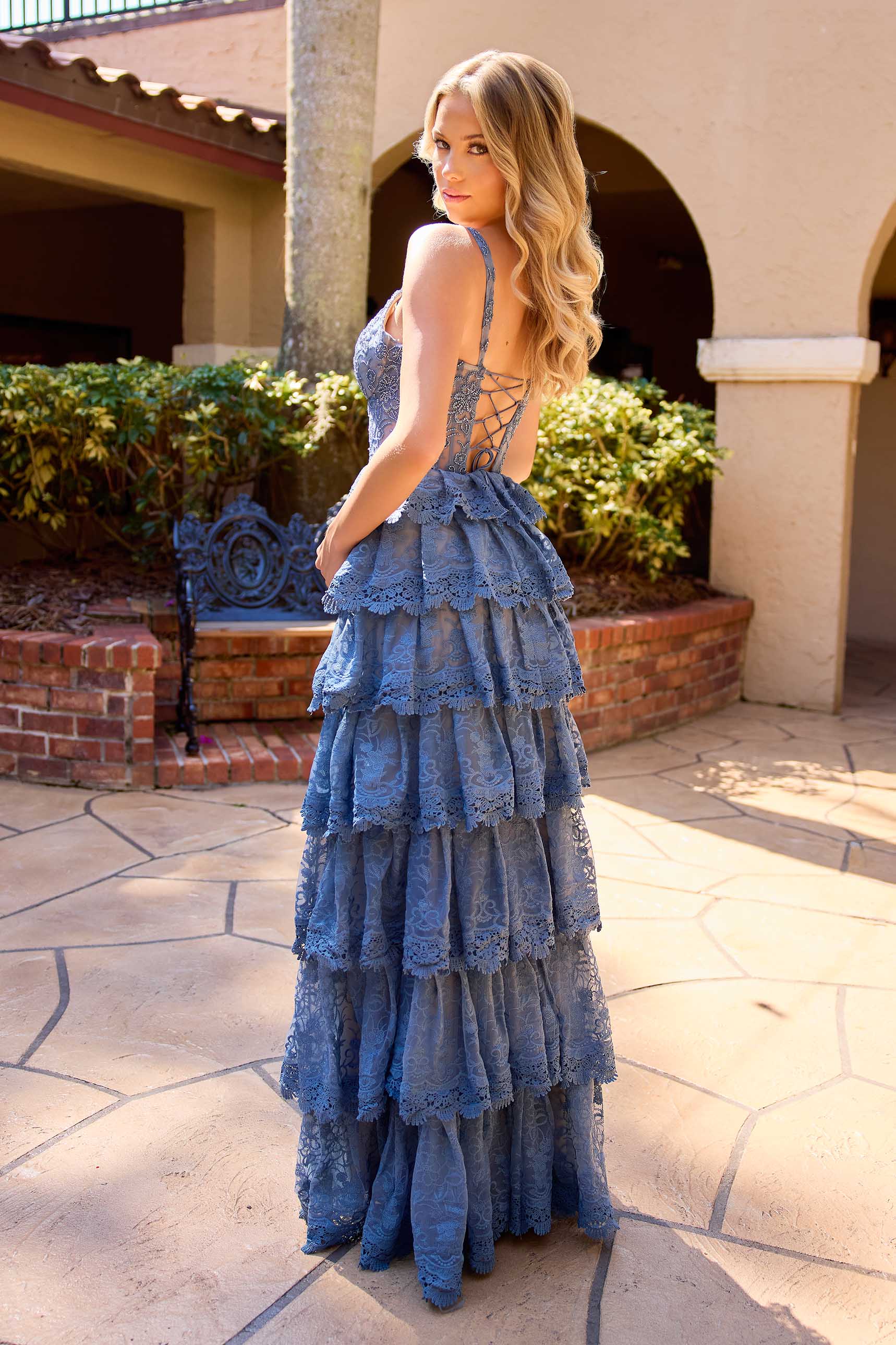 Prom Dresses Lace Applique Long Ruffle Prom Dress Slate Blue