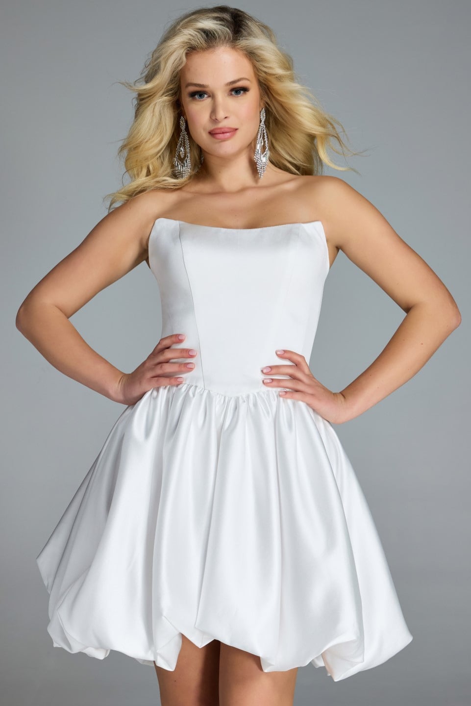 Strapless Straight Neck Mini Satin Cocktail Fit & Flare Jovani 45497