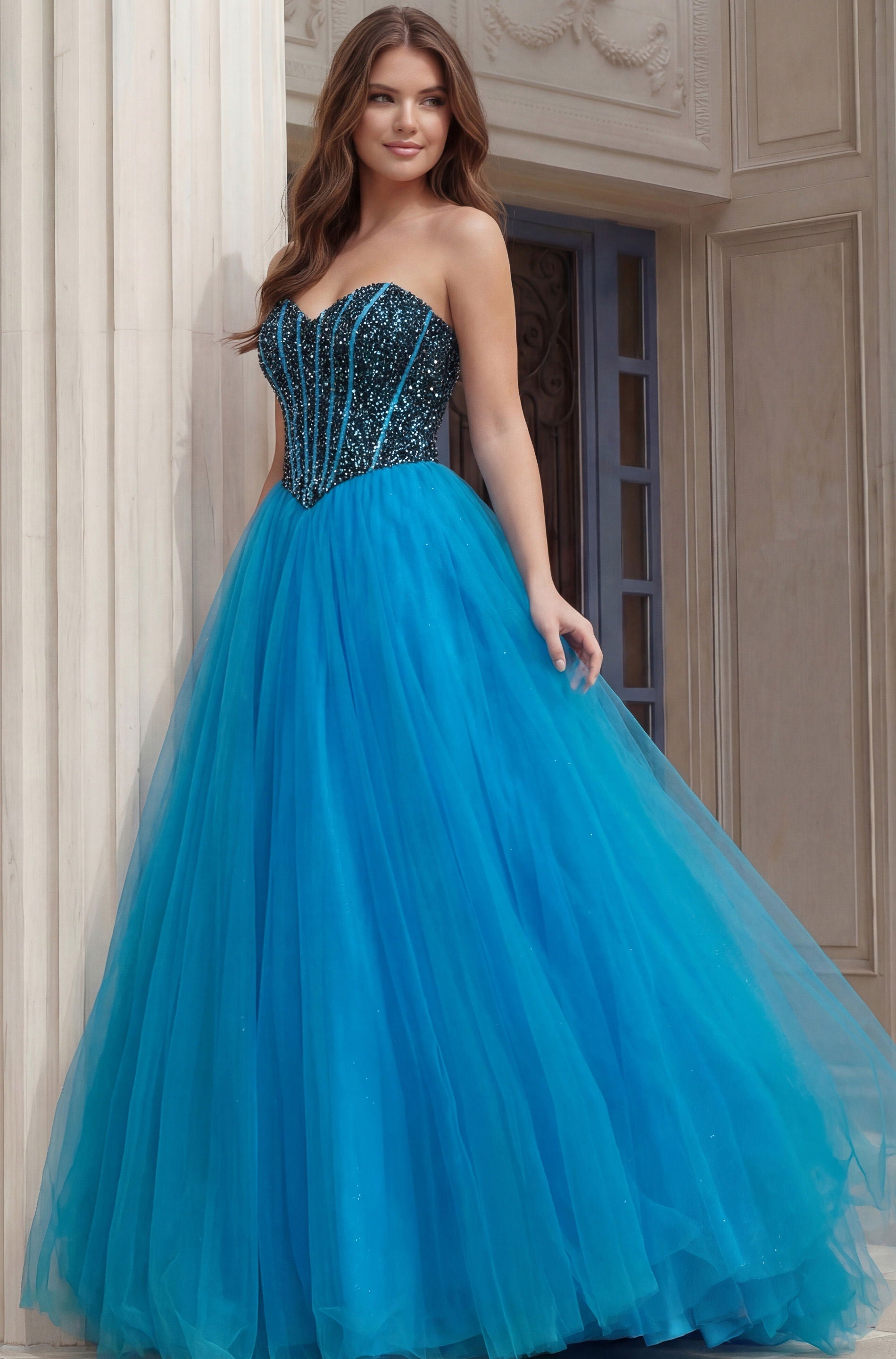 Prom Dresses Ball Gown Long Formal Beaded Corset Prom Dress Jovani 45539 Blue