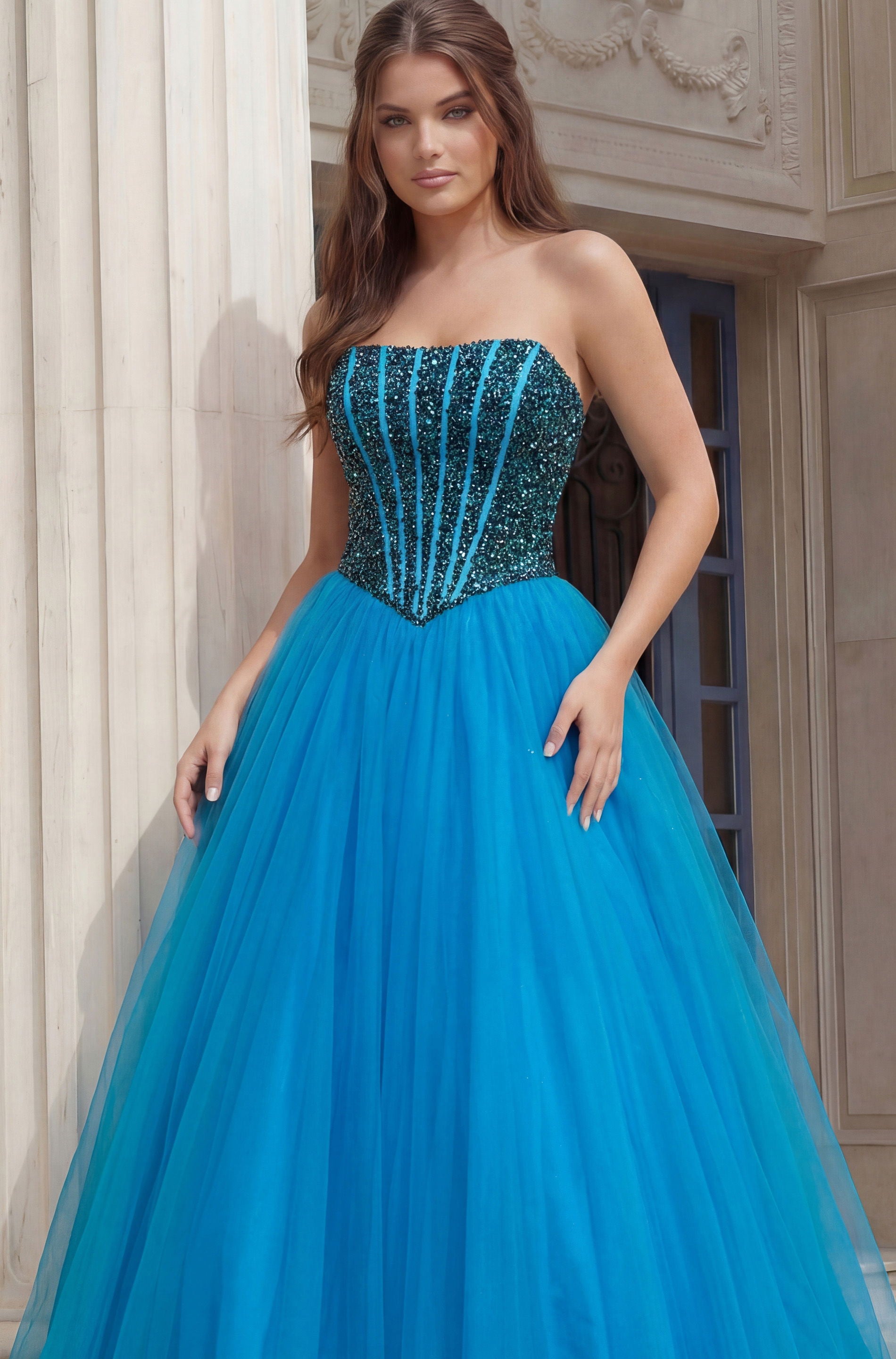 Prom Dresses Ball Gown Long Formal Beaded Corset Prom Dress Jovani 45539 Blue