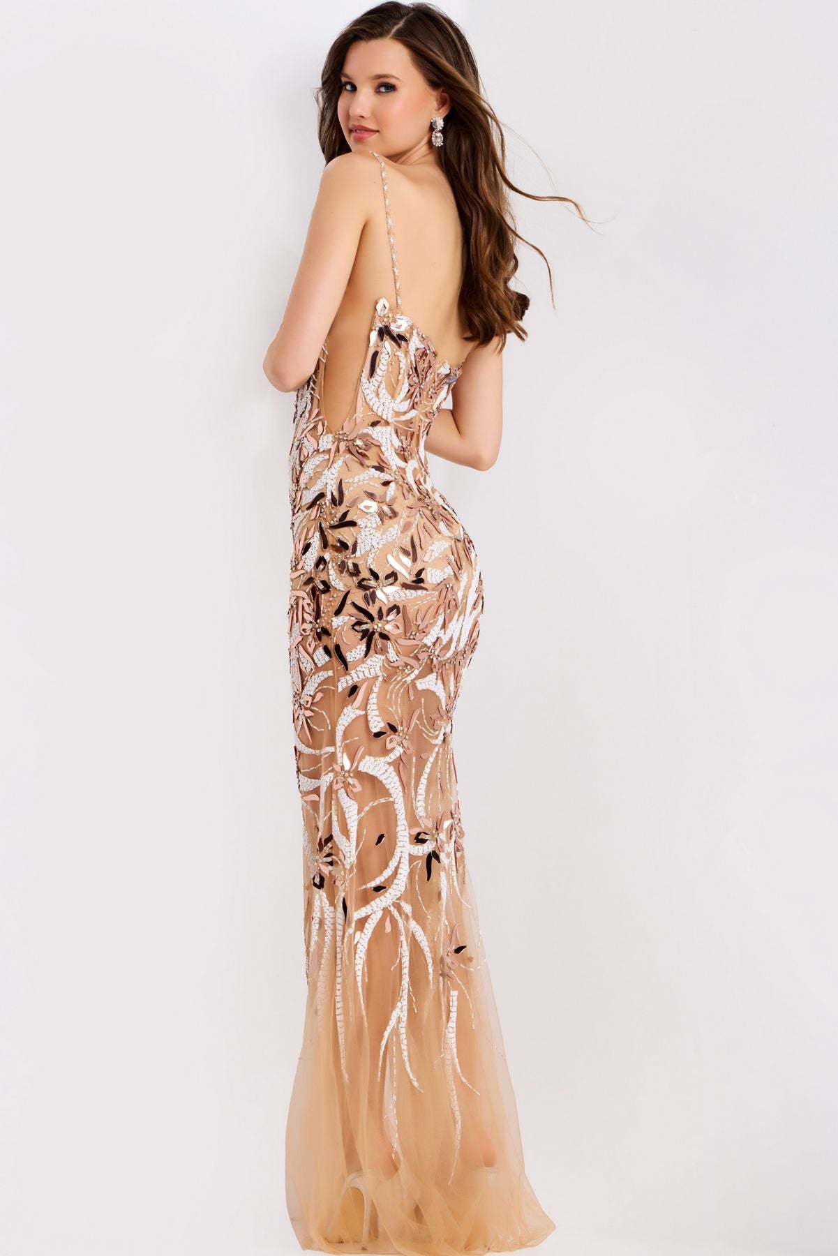 Prom Dresses Long Formal Mermaid Sequin Floral Evening Prom Dress Nude