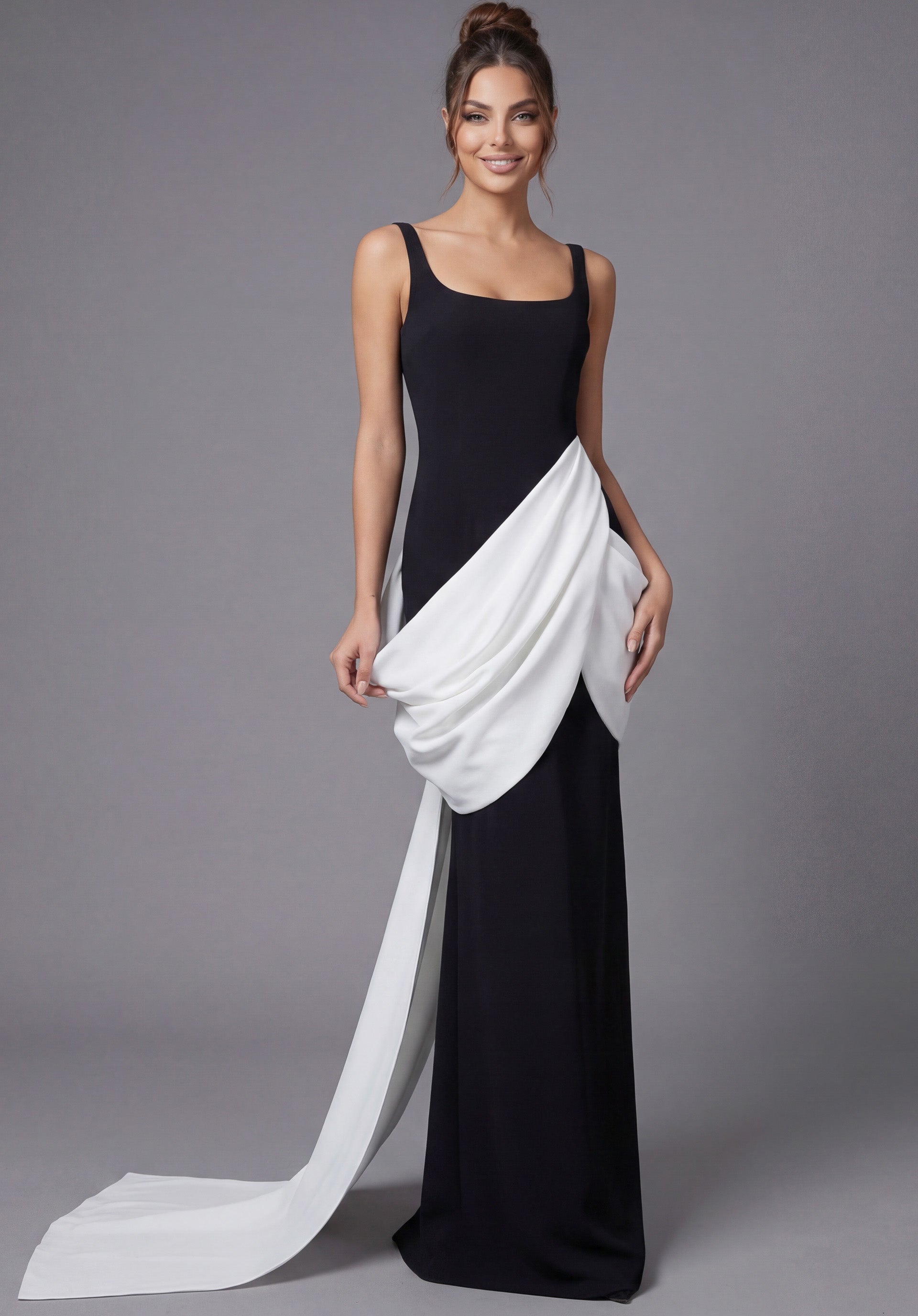 Black/White Square Neck Floor-Length Stretch Crepe Formal Gown with Draped Contrast Overlay Jovani 45619