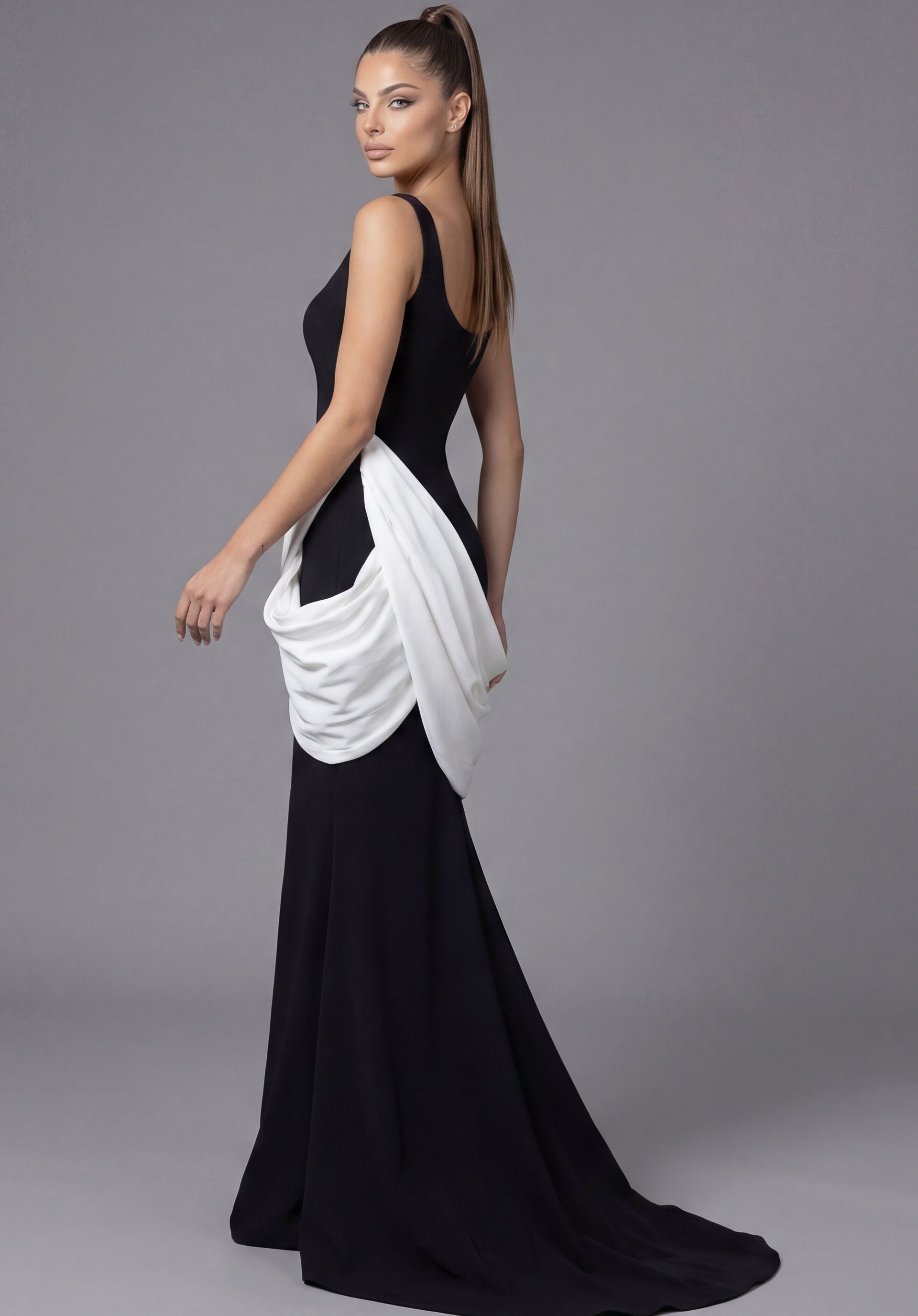 Black/White Square Neck Floor-Length Stretch Crepe Formal Gown with Draped Contrast Overlay Jovani 45619