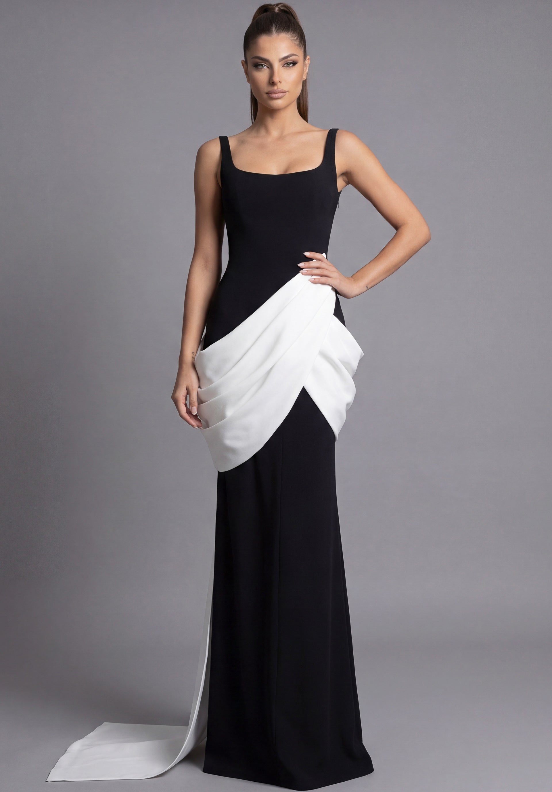 Black/White Square Neck Floor-Length Stretch Crepe Formal Gown with Draped Contrast Overlay Jovani 45619