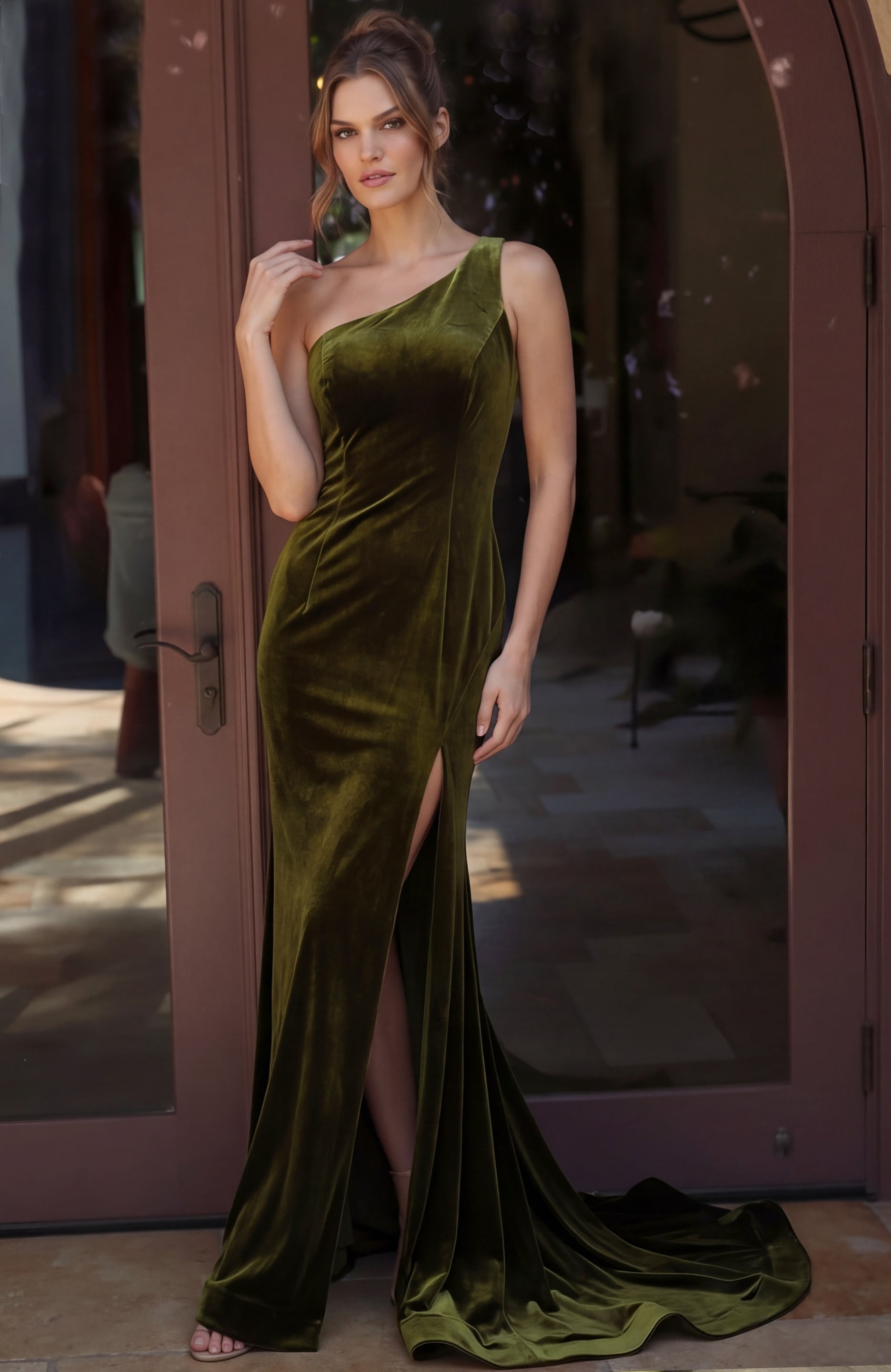 One-Shoulder Floor-Length Velvet Evening Sheath Jovani 45628