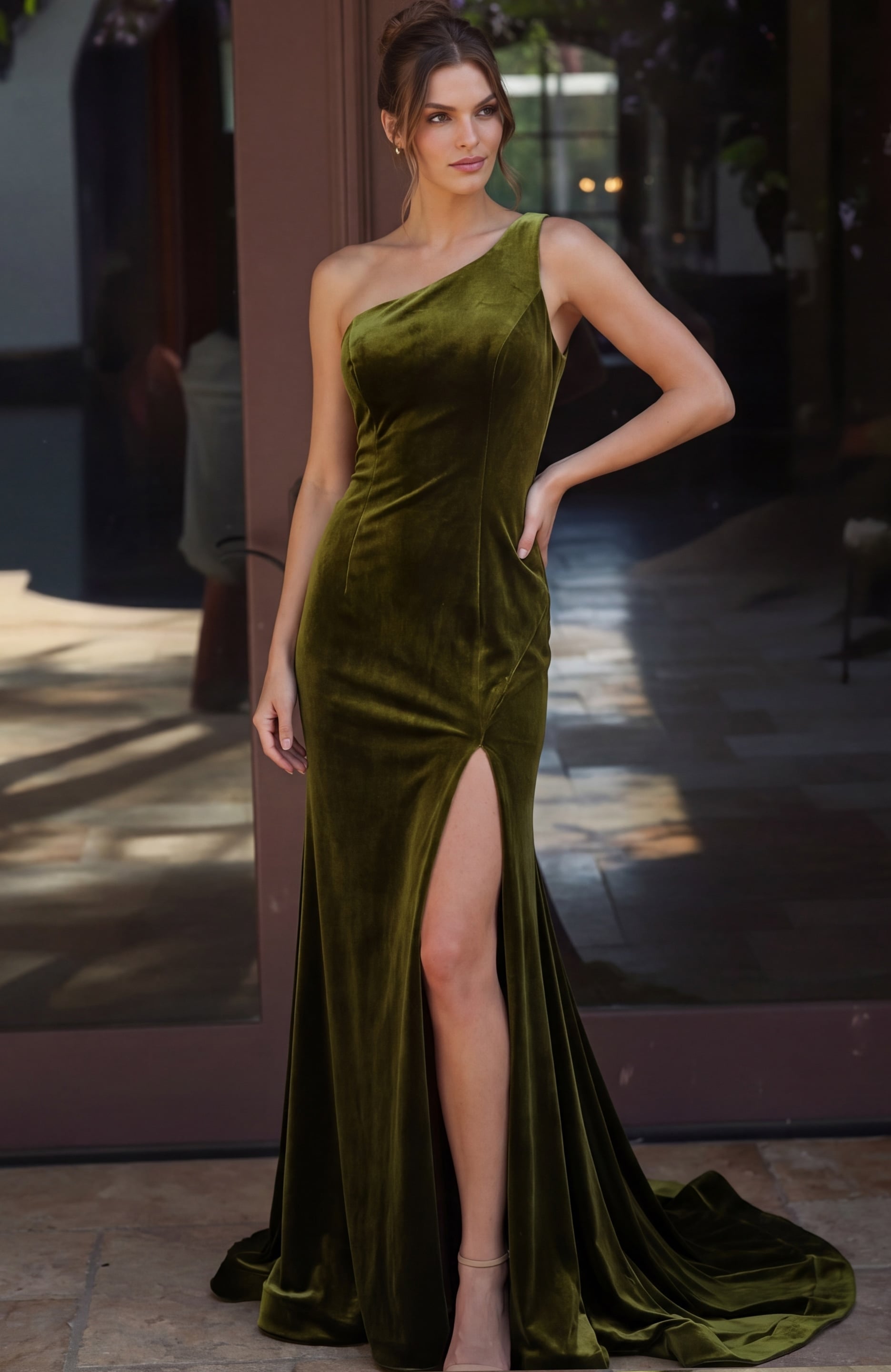 One-Shoulder Floor-Length Velvet Evening Sheath Jovani 45628
