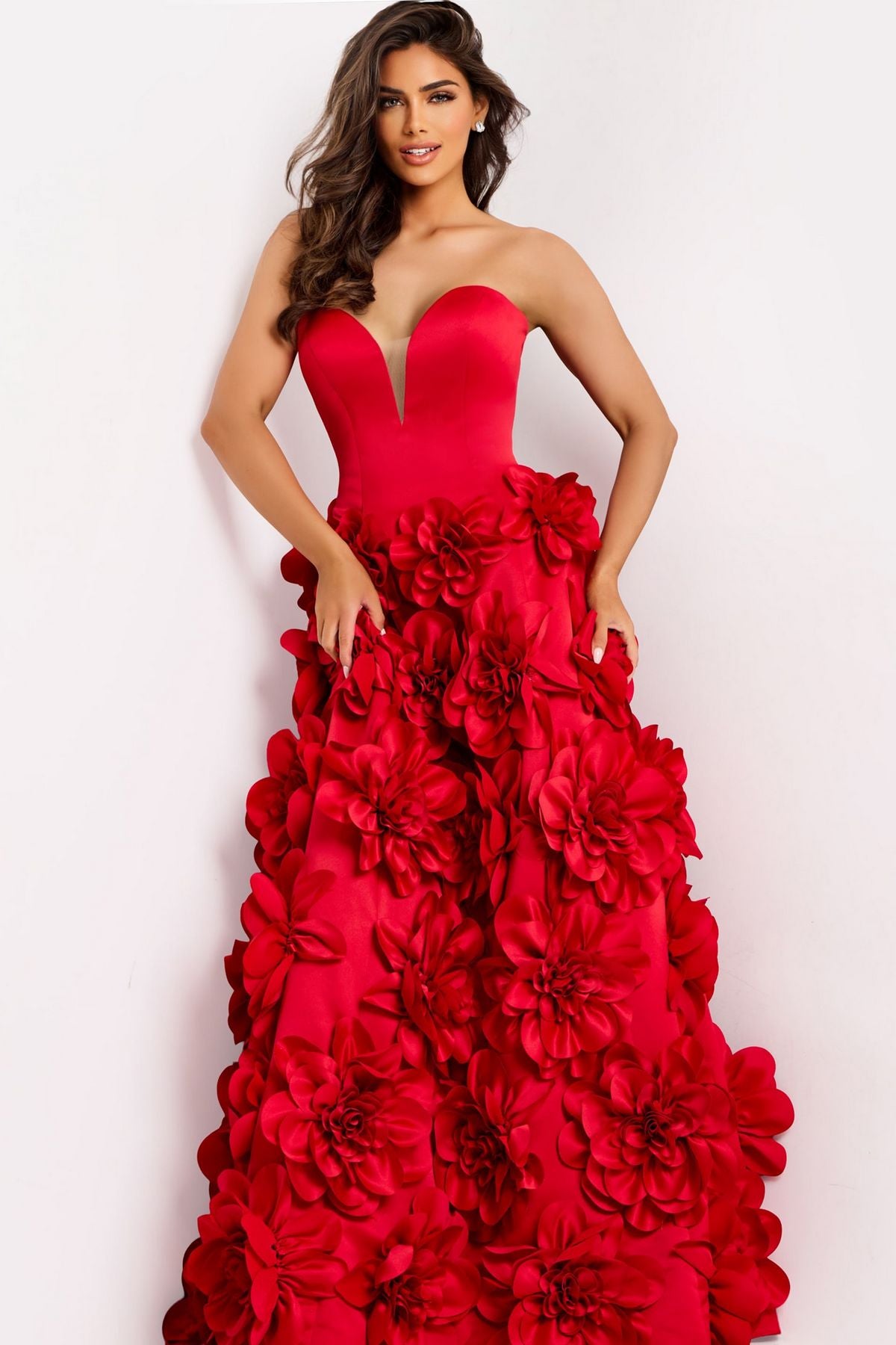 Prom Dresses Long Formal 3D Floral Applique A Line Prom Dress Red