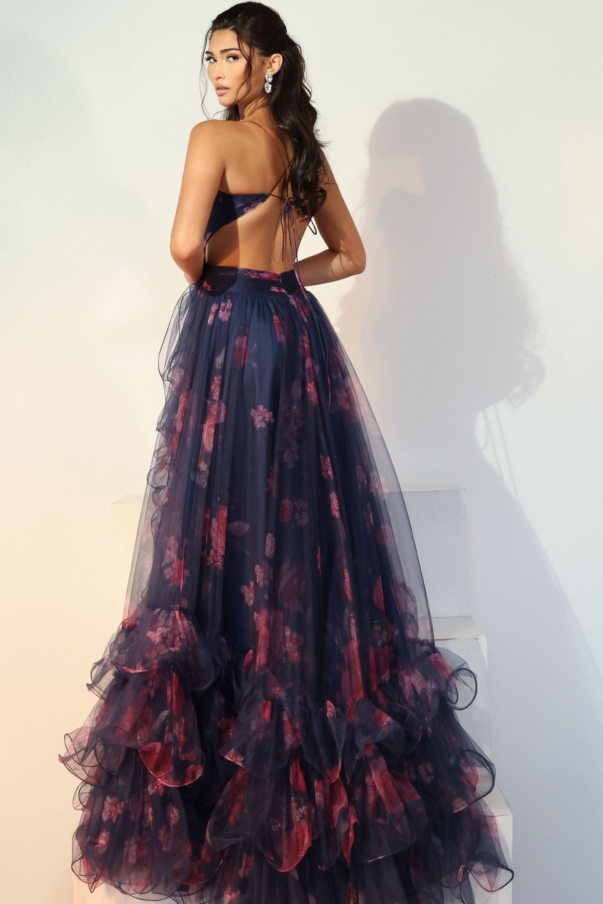 Prom Dresses Ruffle Long Formal Floral Print A Line Prom Dress Dark Blue